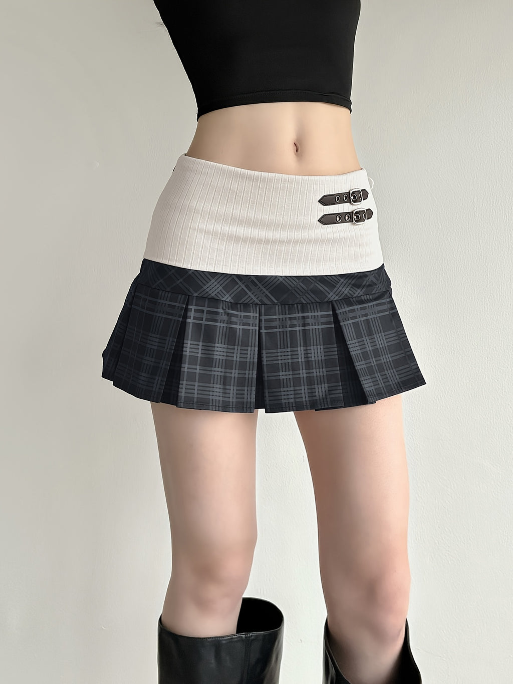 Two-Tone Plaid Pleated Mini Skirt with Buckle Details