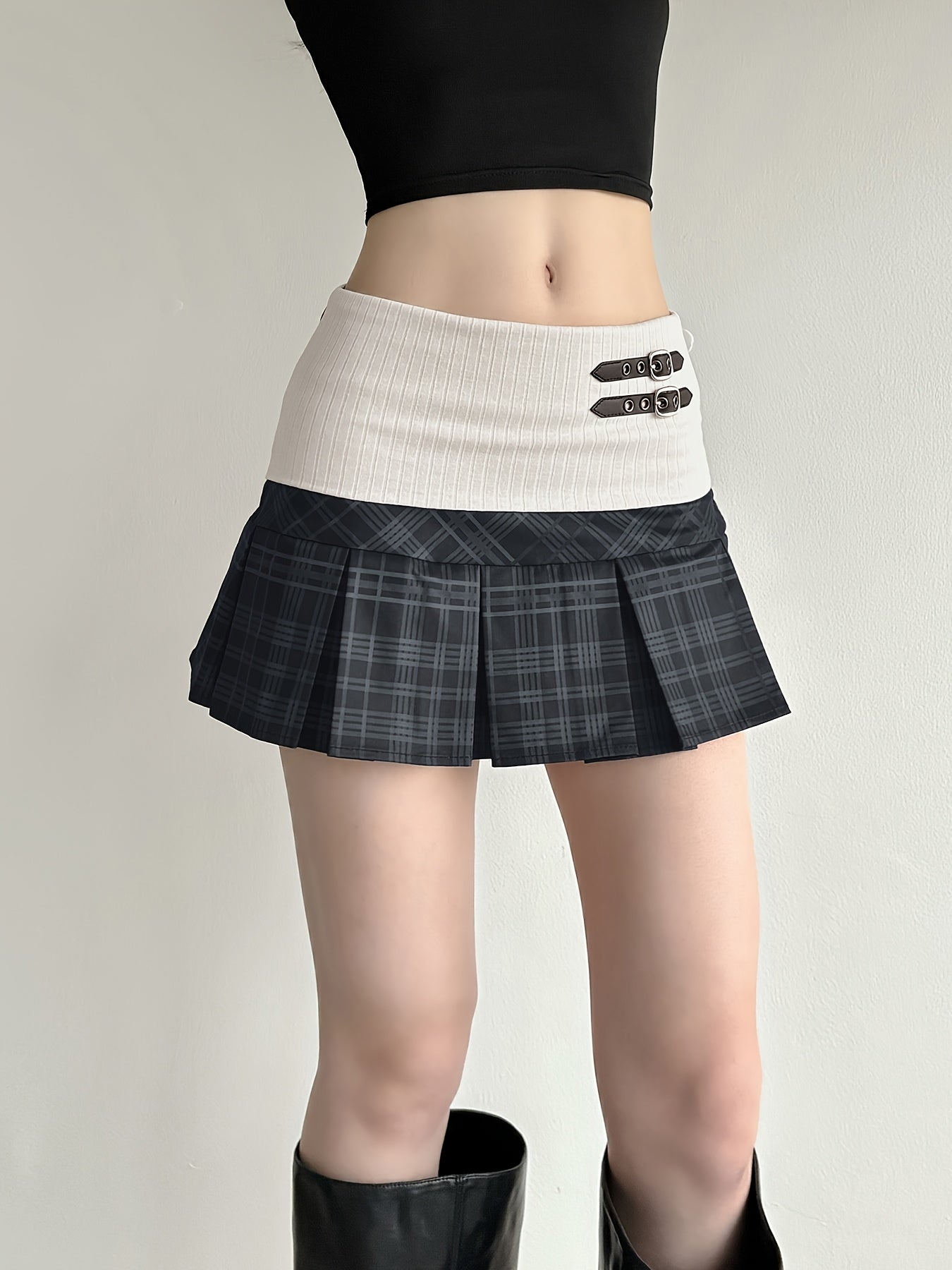 Two-Tone Plaid Pleated Mini Skirt with Buckle Details