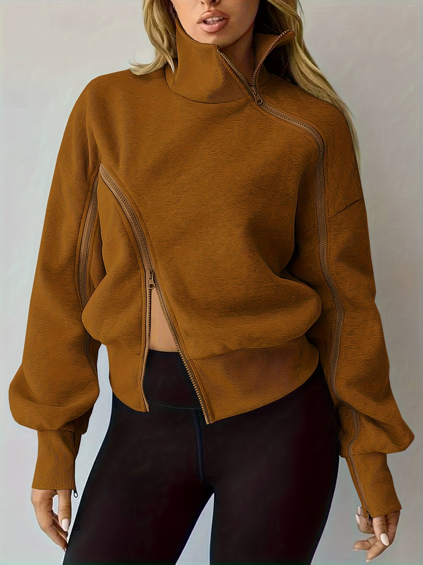 Caramel Asymmetric Zip-Up Fleece Sweatshirt