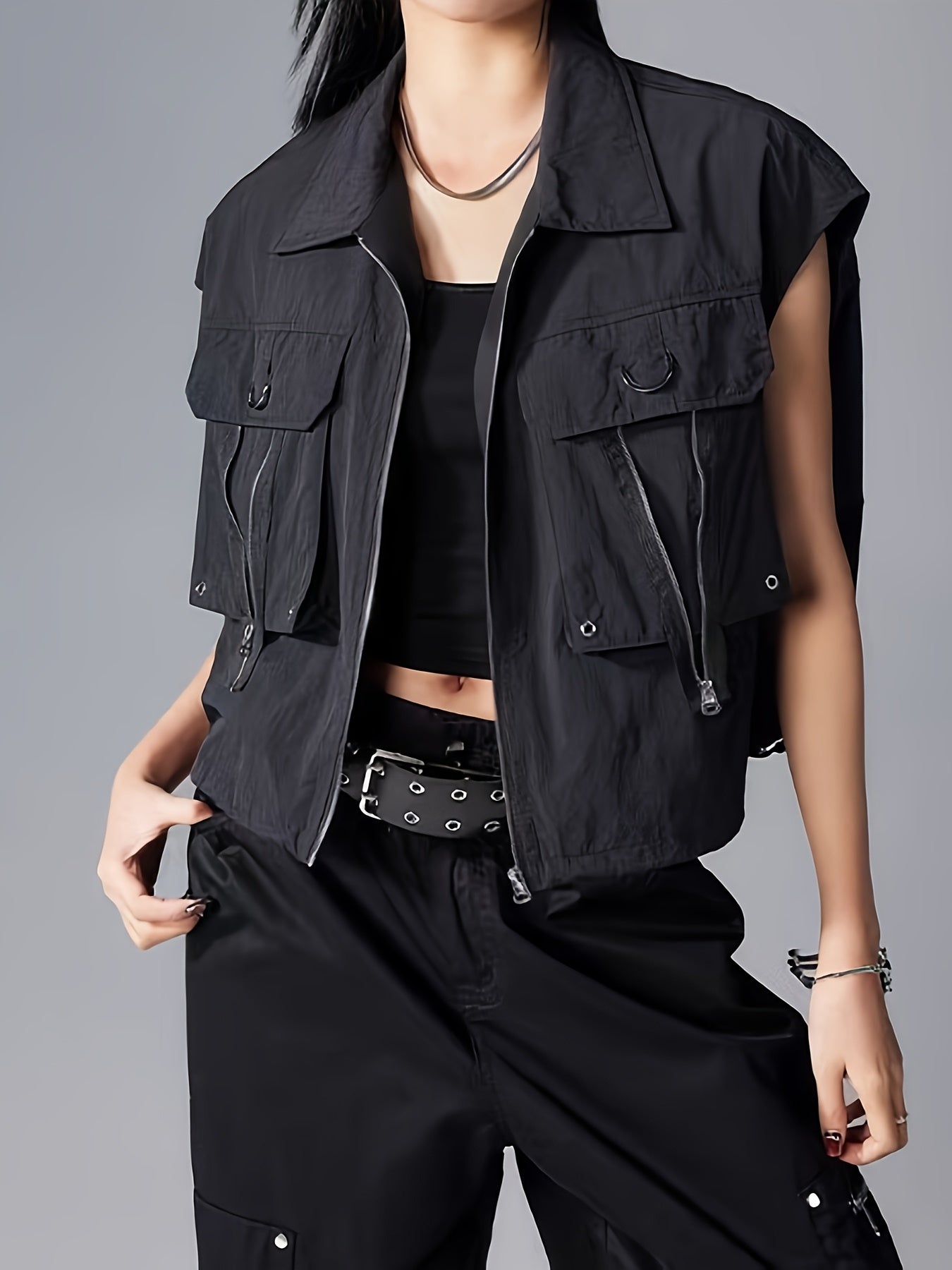 Black Utility Cargo Cropped Vest