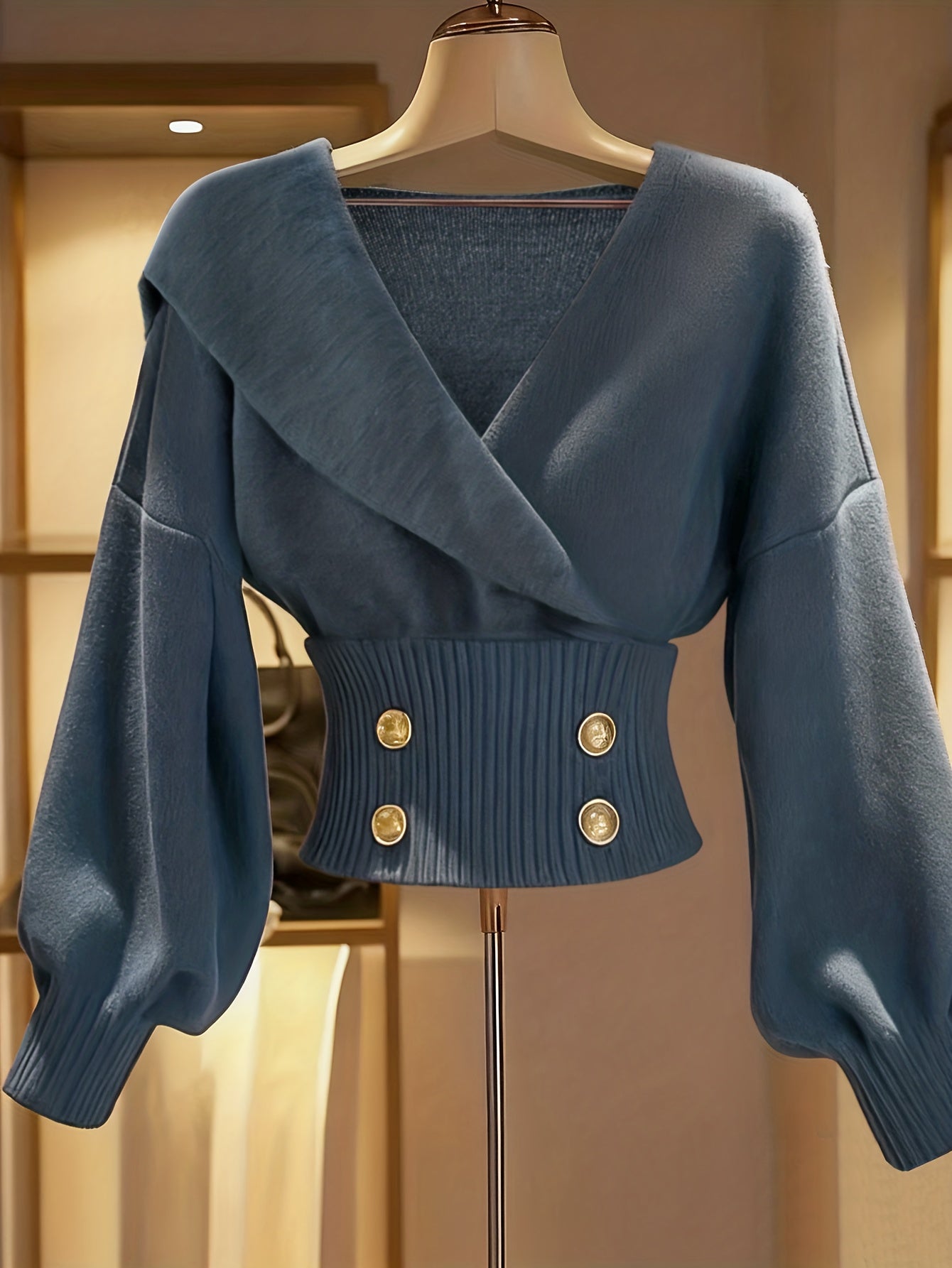 Dusty Blue Wrap-Front Balloon Sleeve Knit Top