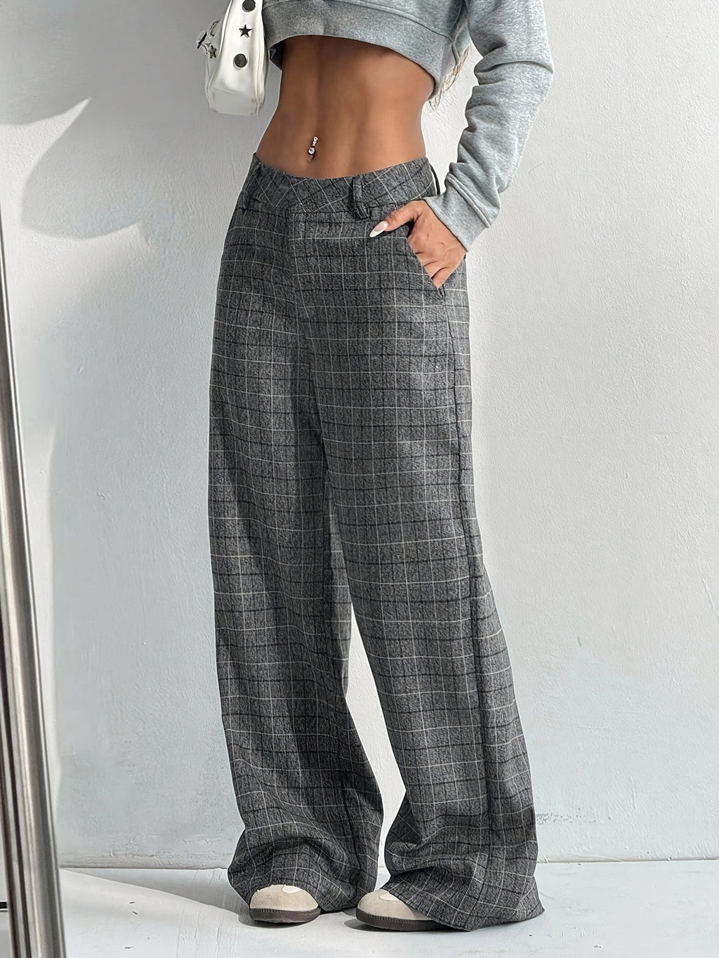 Grey Plaid High-Waisted Wide-Leg Pants