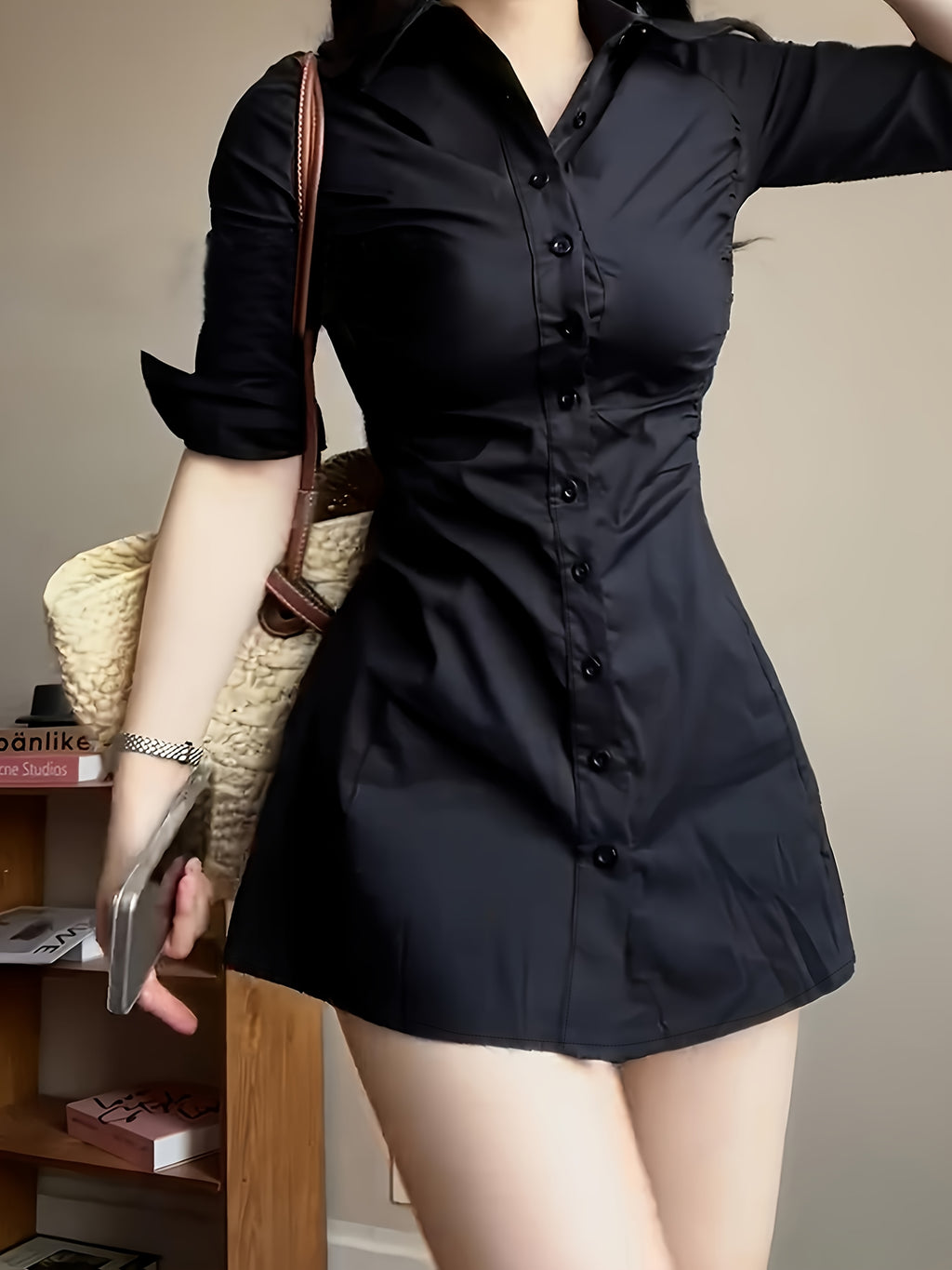 Black Ruched Shirt Dress