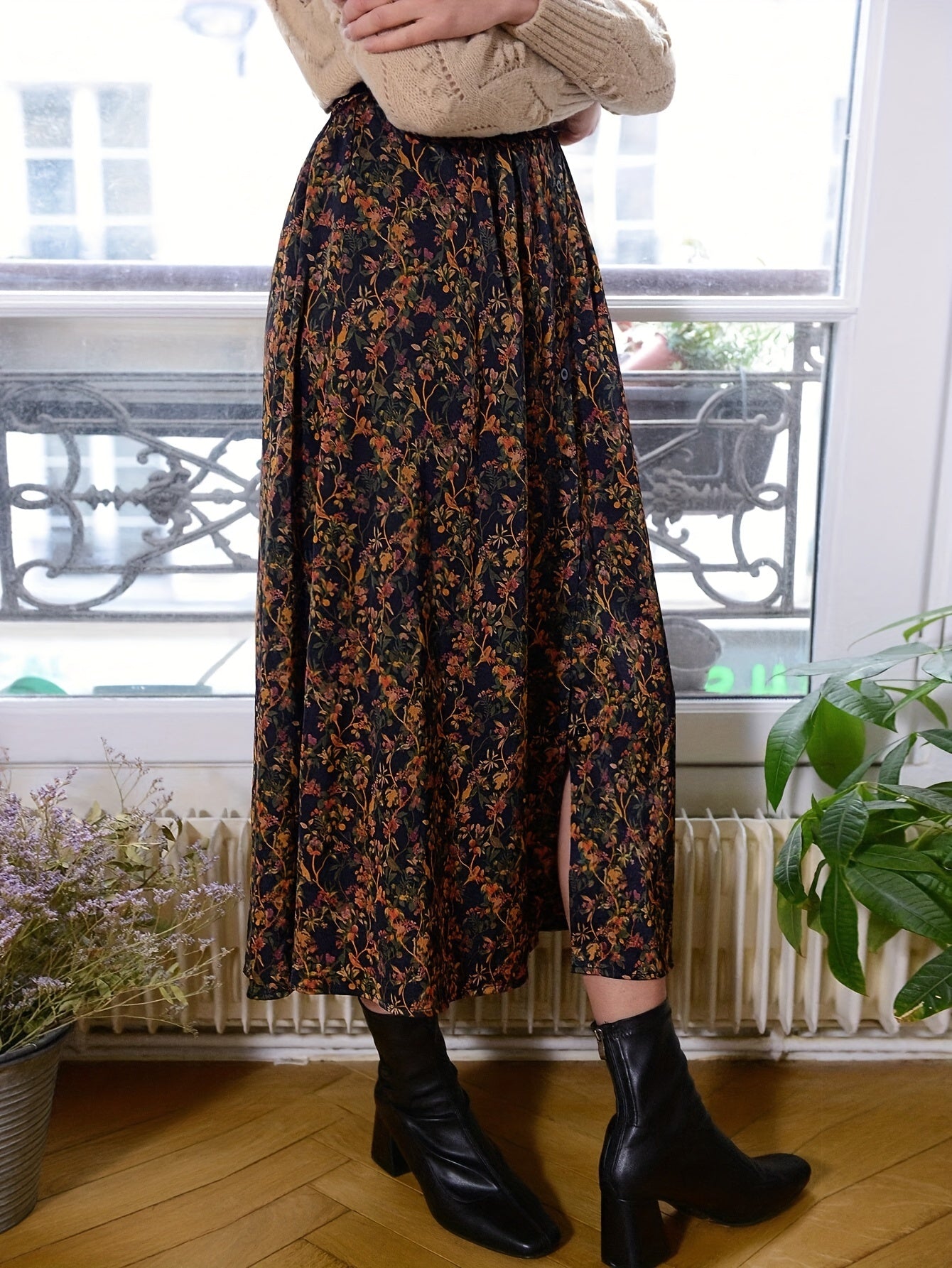 Vintage Floral Split Midi Skirt