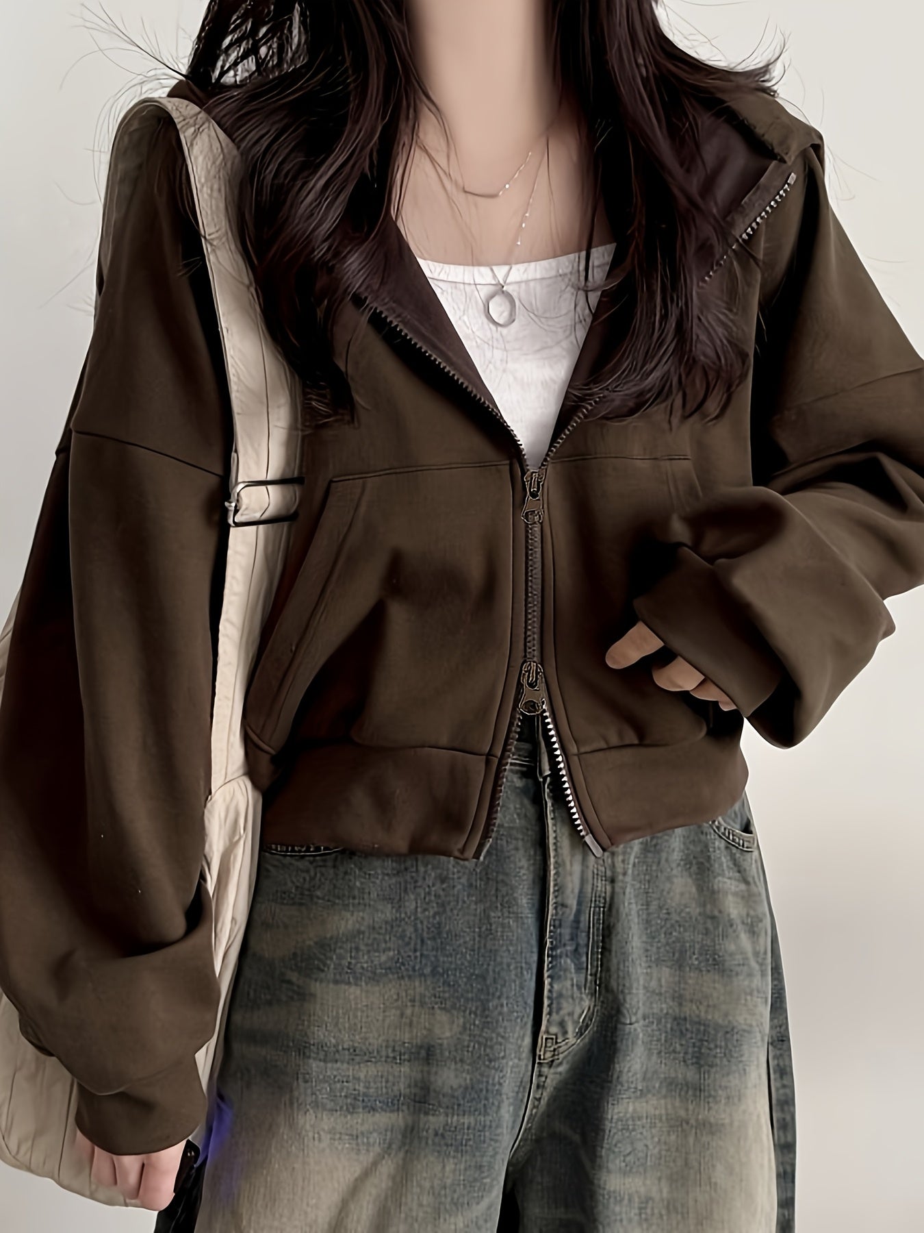 Brown Cropped Double-Zip Hoodie
