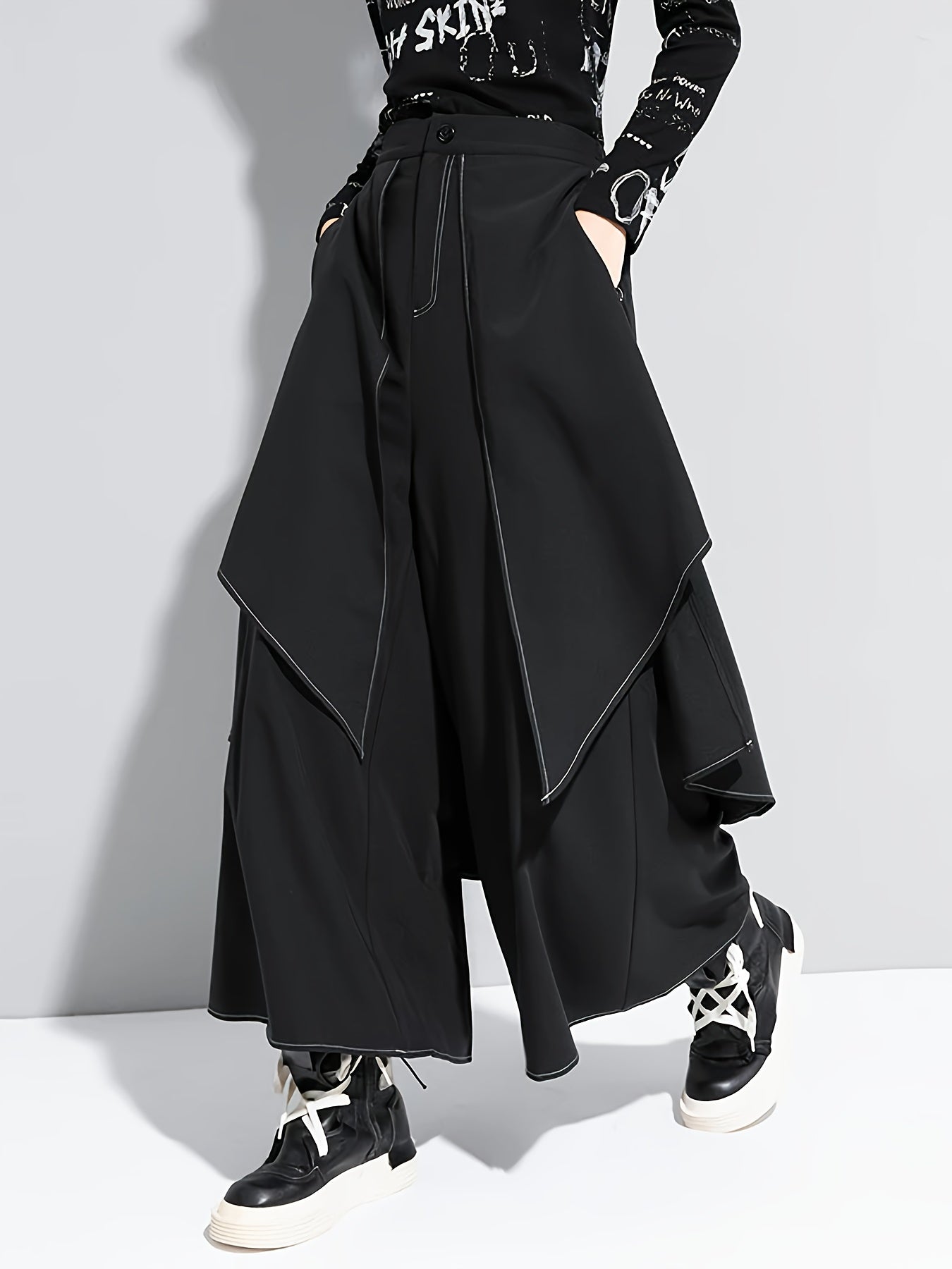 Black Asymmetric Overlay Wide-Leg Pants