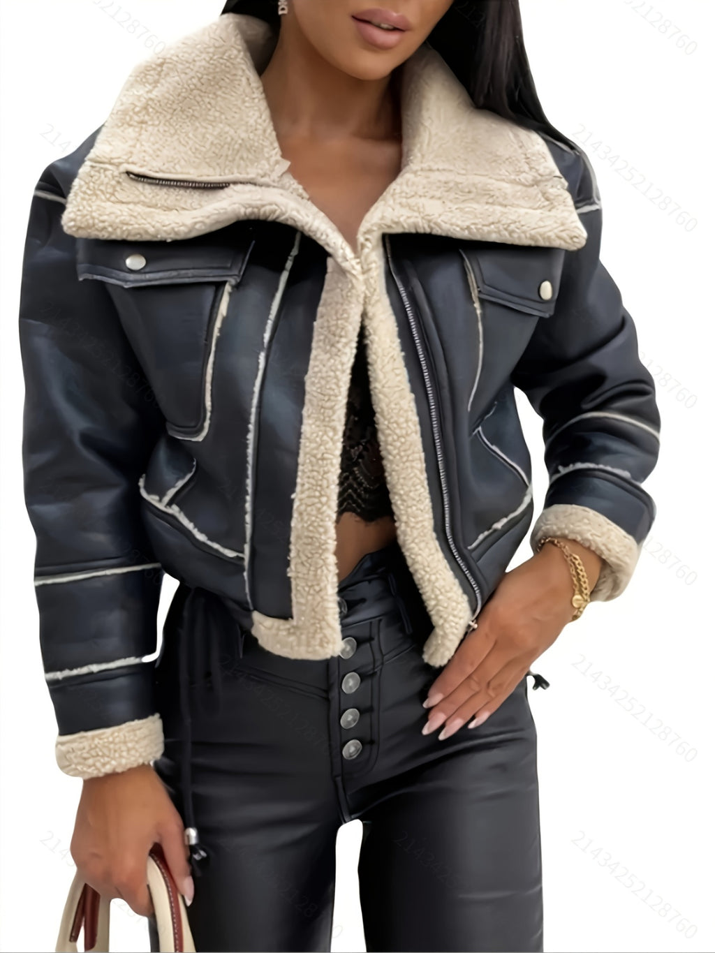 Black Faux Leather Shearling Cropped Moto Jacket