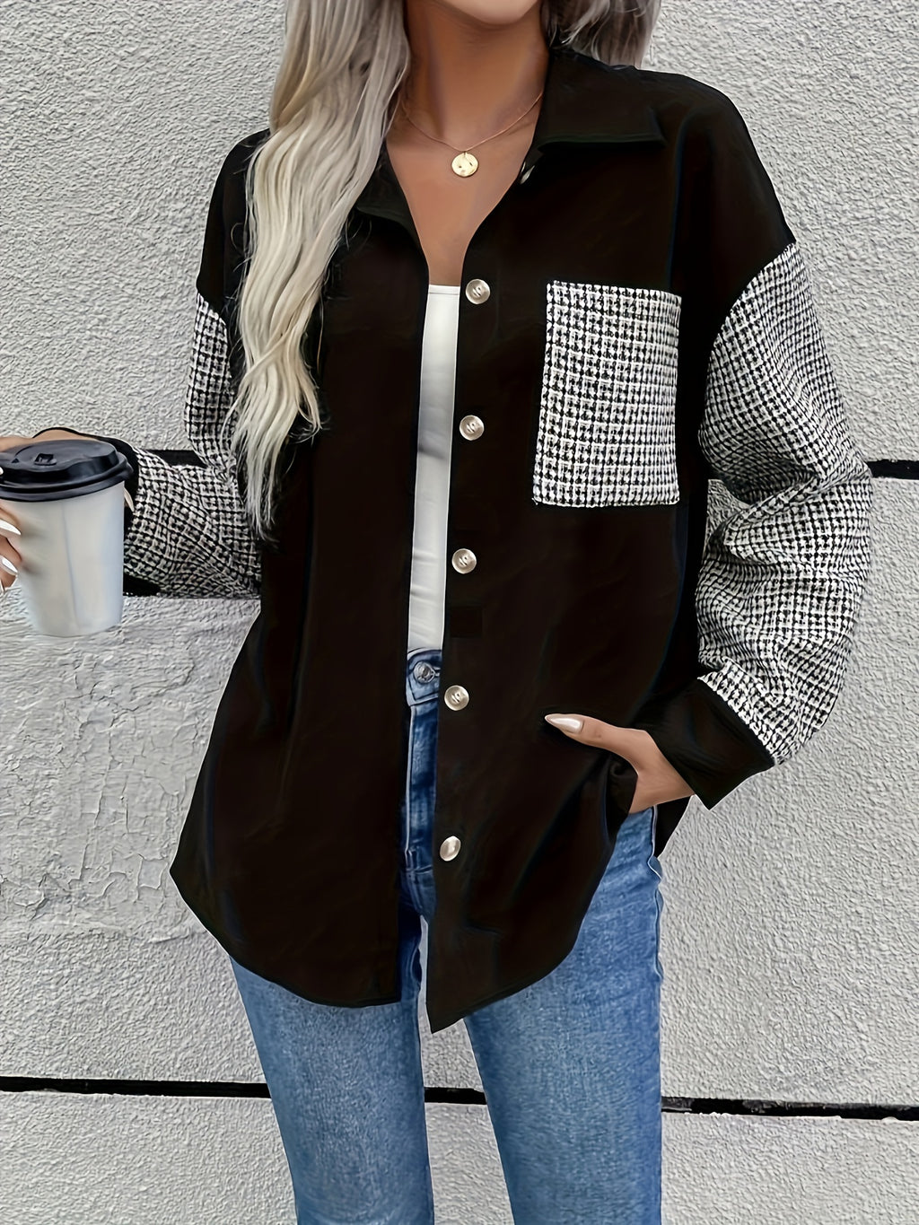 Black Houndstooth Patchwork Button-Down Shirt