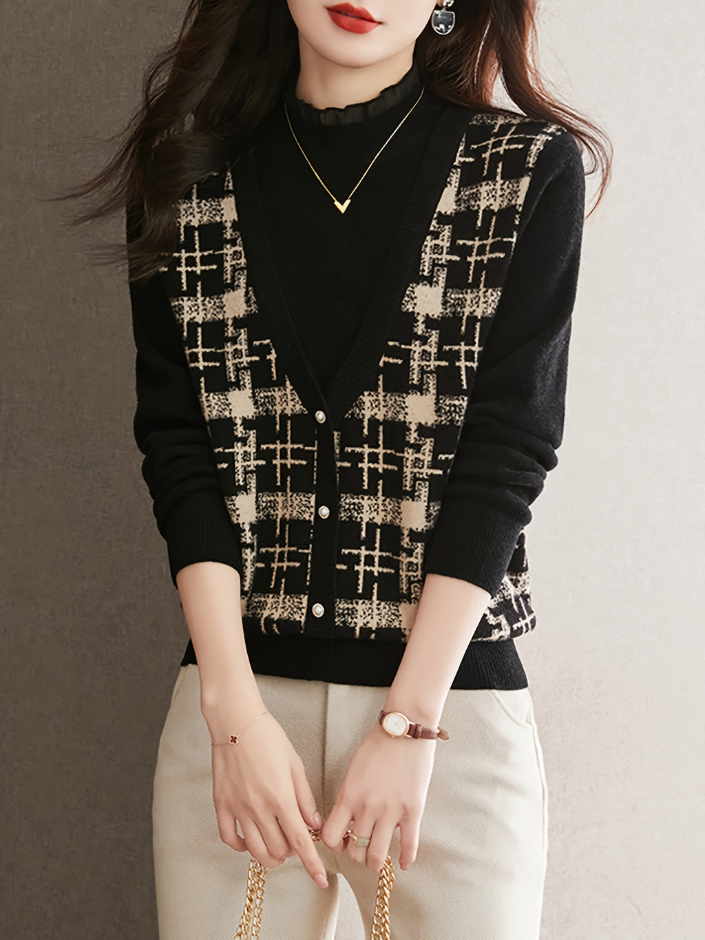 Black & Beige Plaid Faux Two-Piece Knit Top