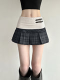 Two-Tone Plaid Pleated Mini Skirt with Buckle Details