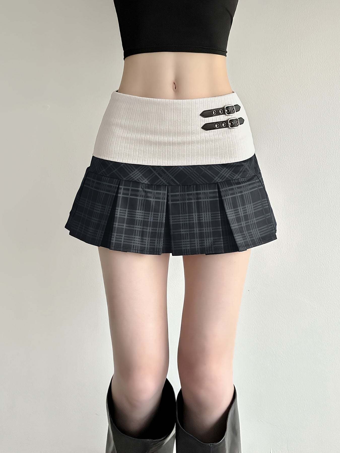 Two-Tone Plaid Pleated Mini Skirt with Buckle Details