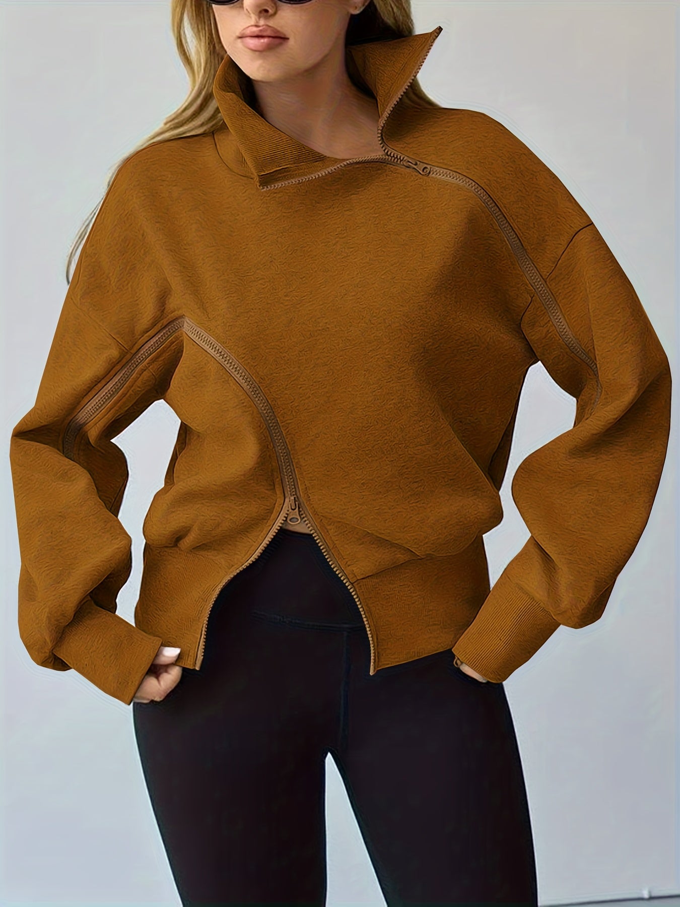 Caramel Asymmetric Zip-Up Fleece Sweatshirt