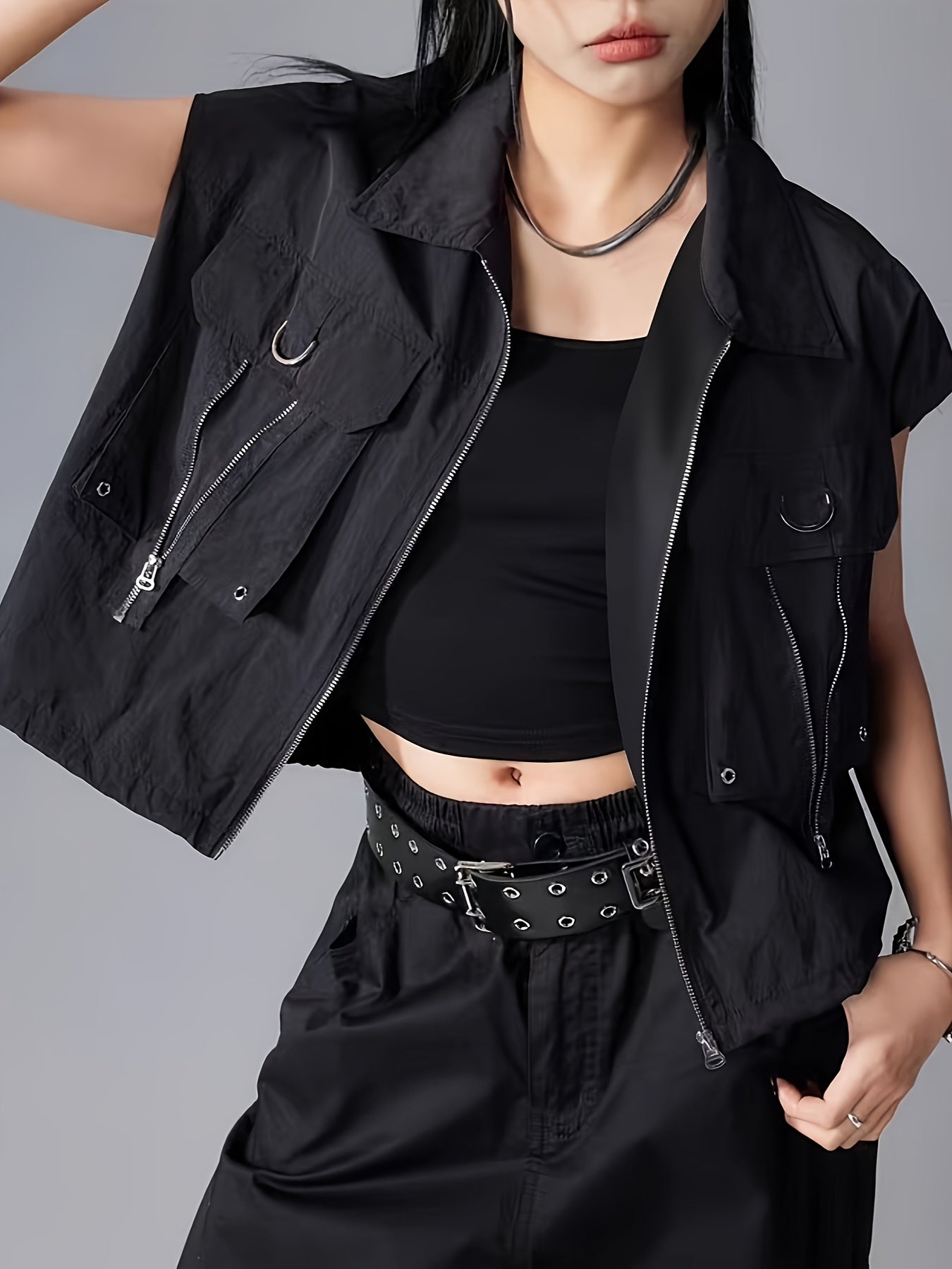 Black Utility Cargo Cropped Vest