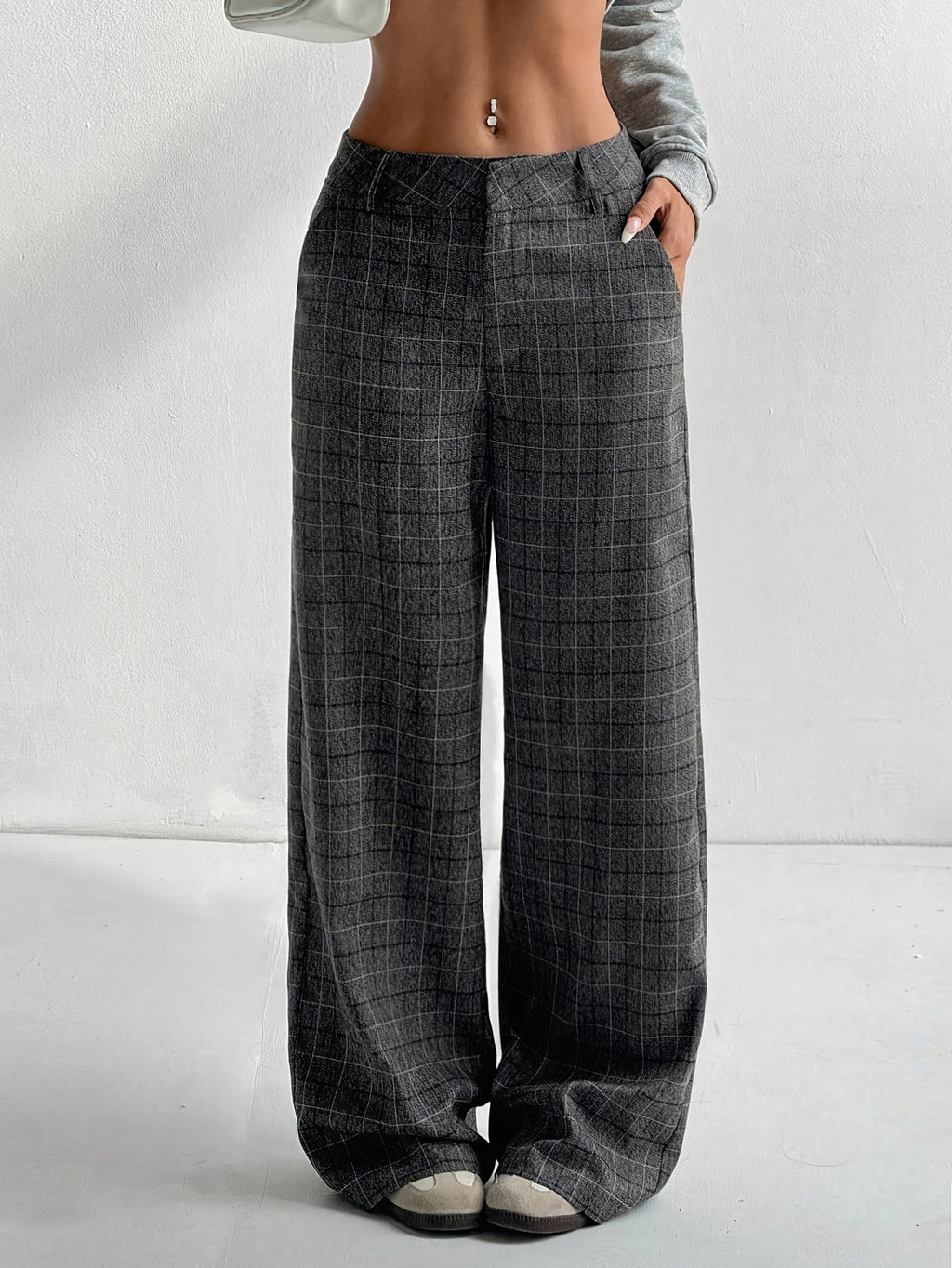 Grey Plaid High-Waisted Wide-Leg Pants