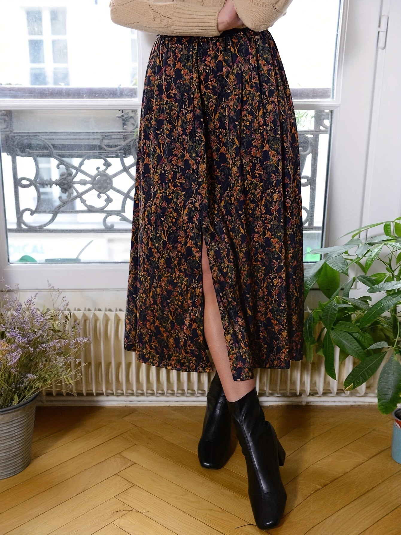 Vintage Floral Split Midi Skirt