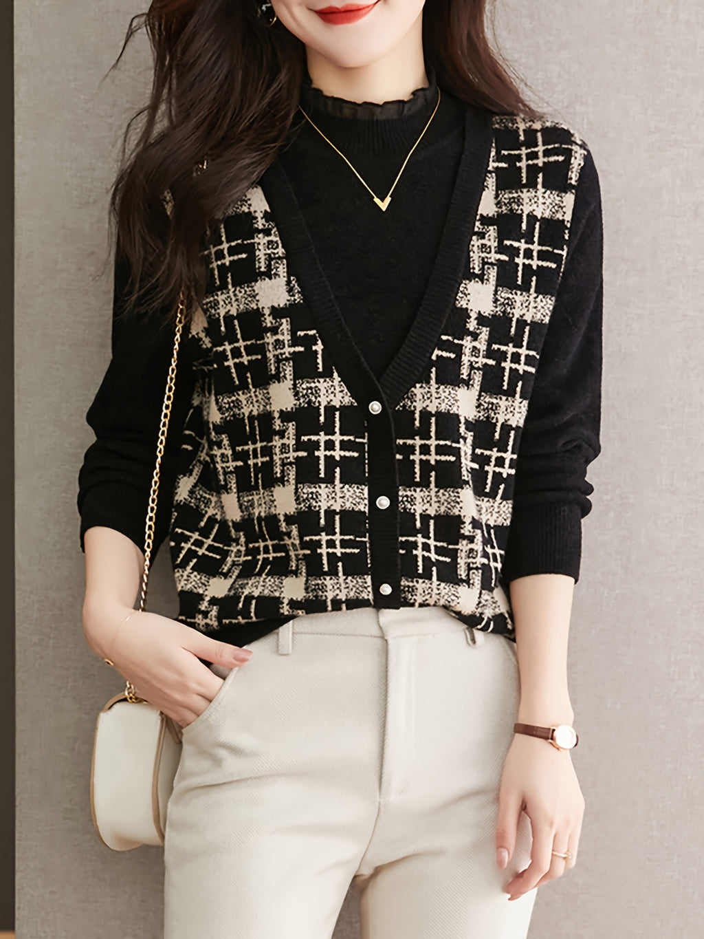 Black & Beige Plaid Faux Two-Piece Knit Top