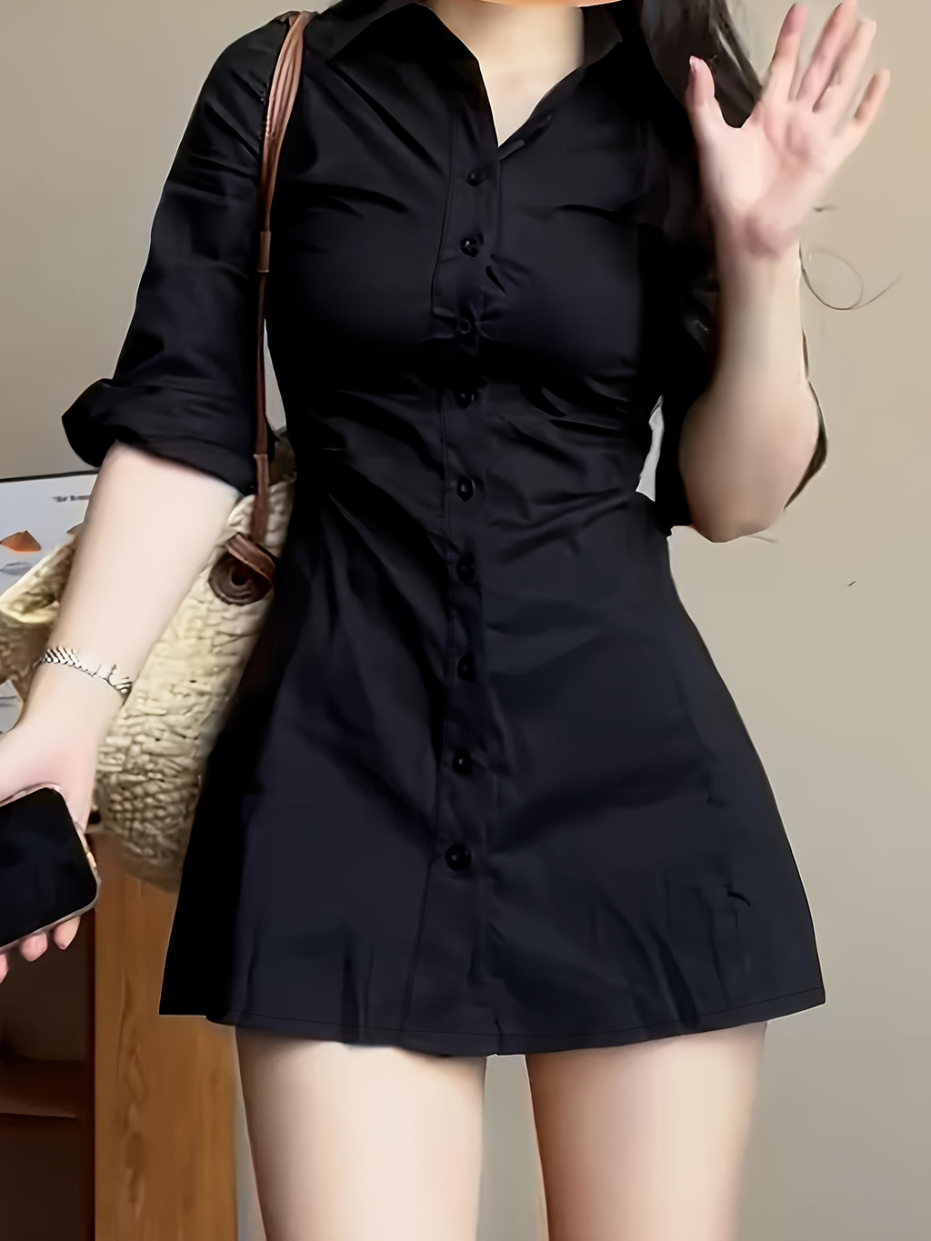 Black Ruched Shirt Dress