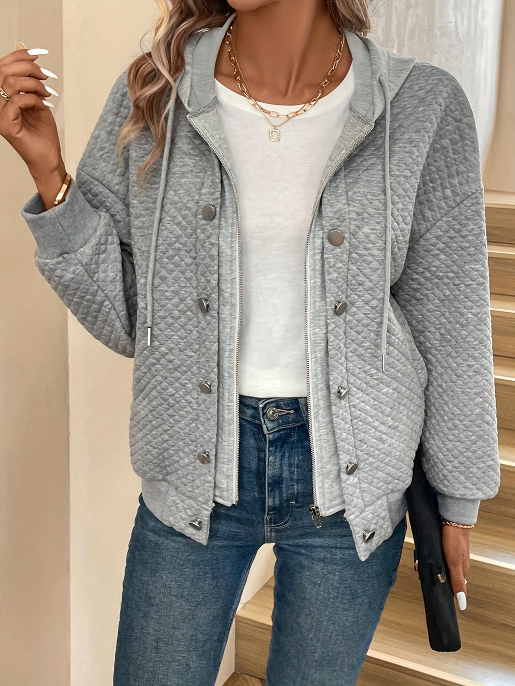 Light Grey Quilted Hooded Jacket