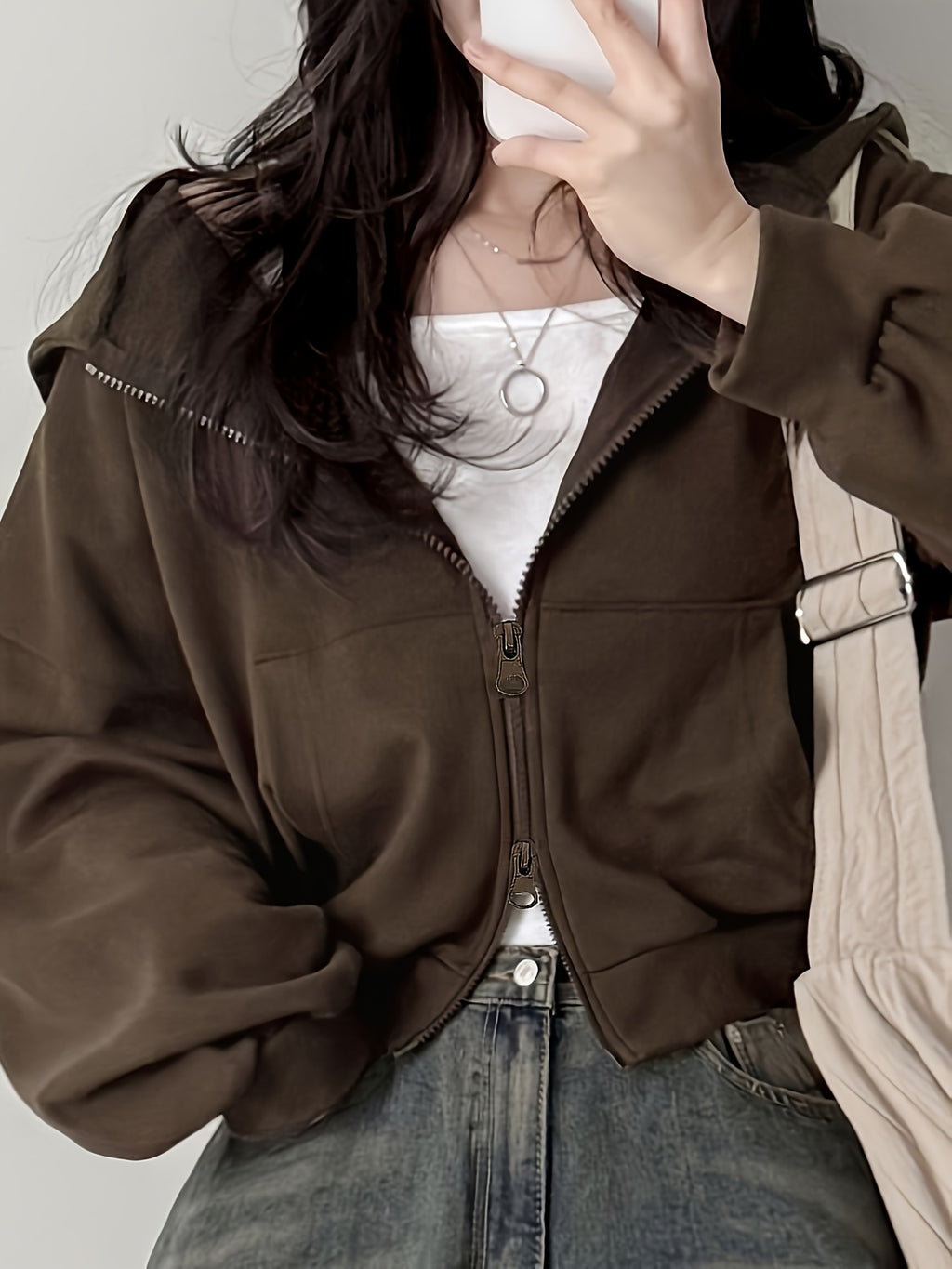 Brown Cropped Double-Zip Hoodie