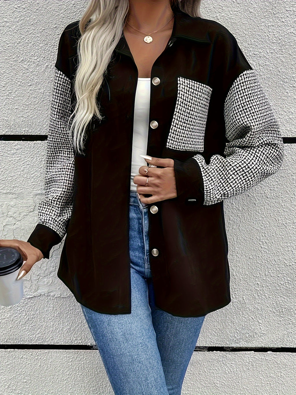 Black Houndstooth Patchwork Button-Down Shirt