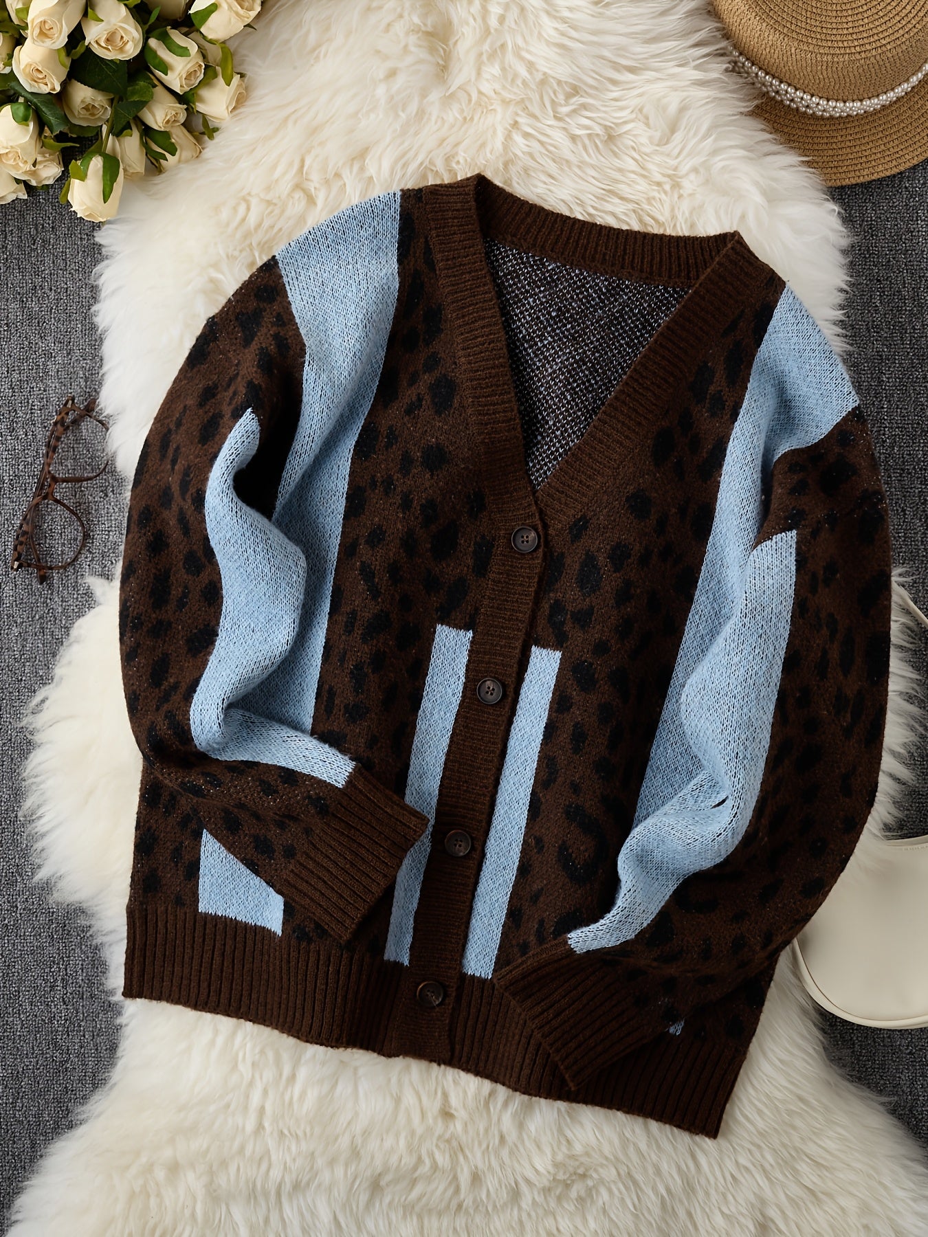 Brown & Light Blue Leopard Print Oversized Cardigan