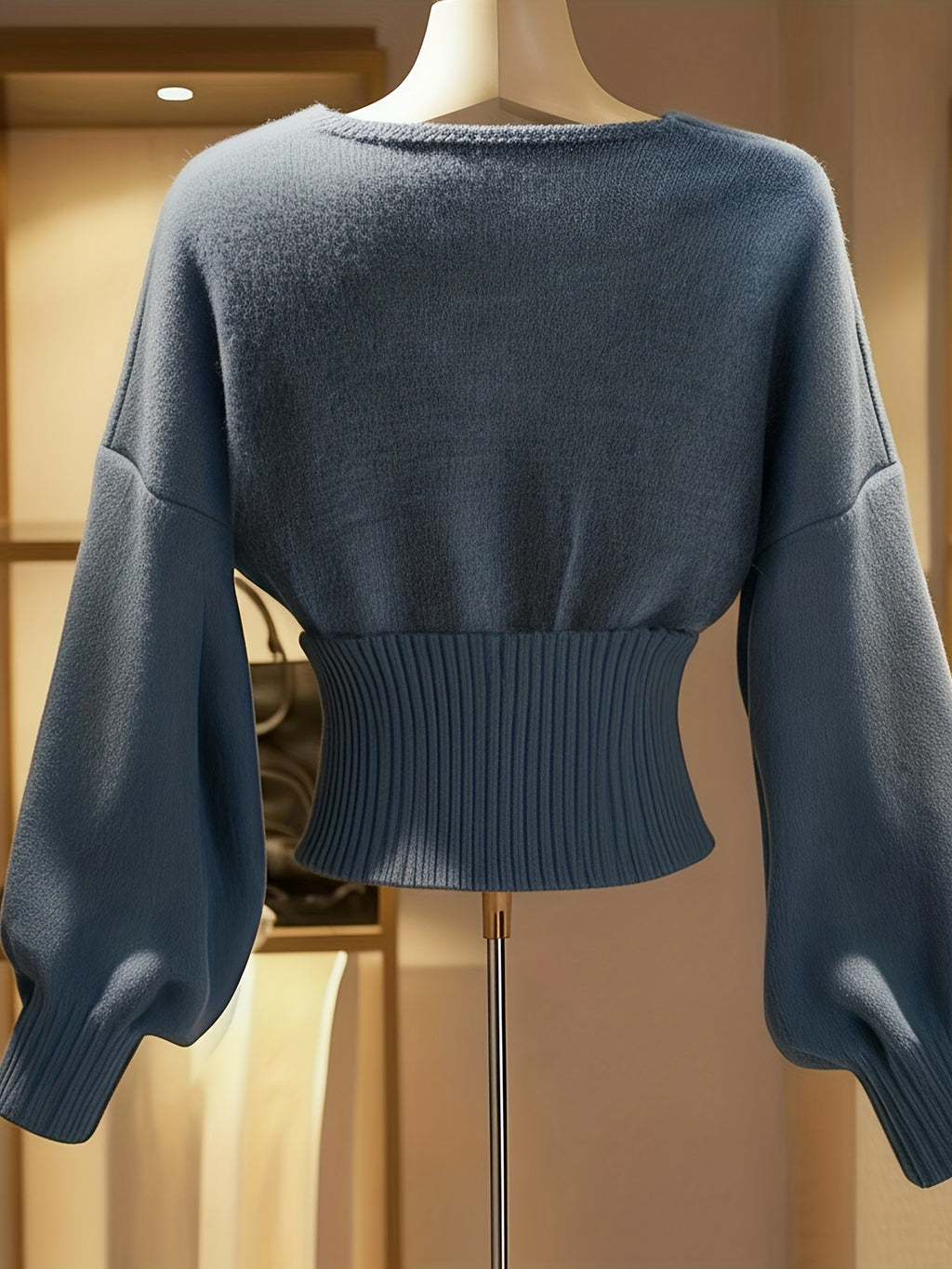 Dusty Blue Wrap-Front Balloon Sleeve Knit Top