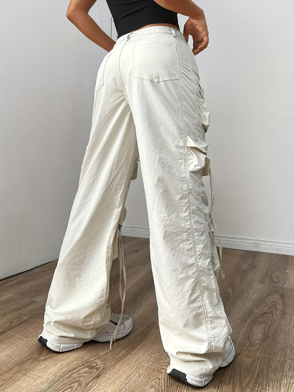 Cream Multi-Pocket Wide-Leg Cargo Pants
