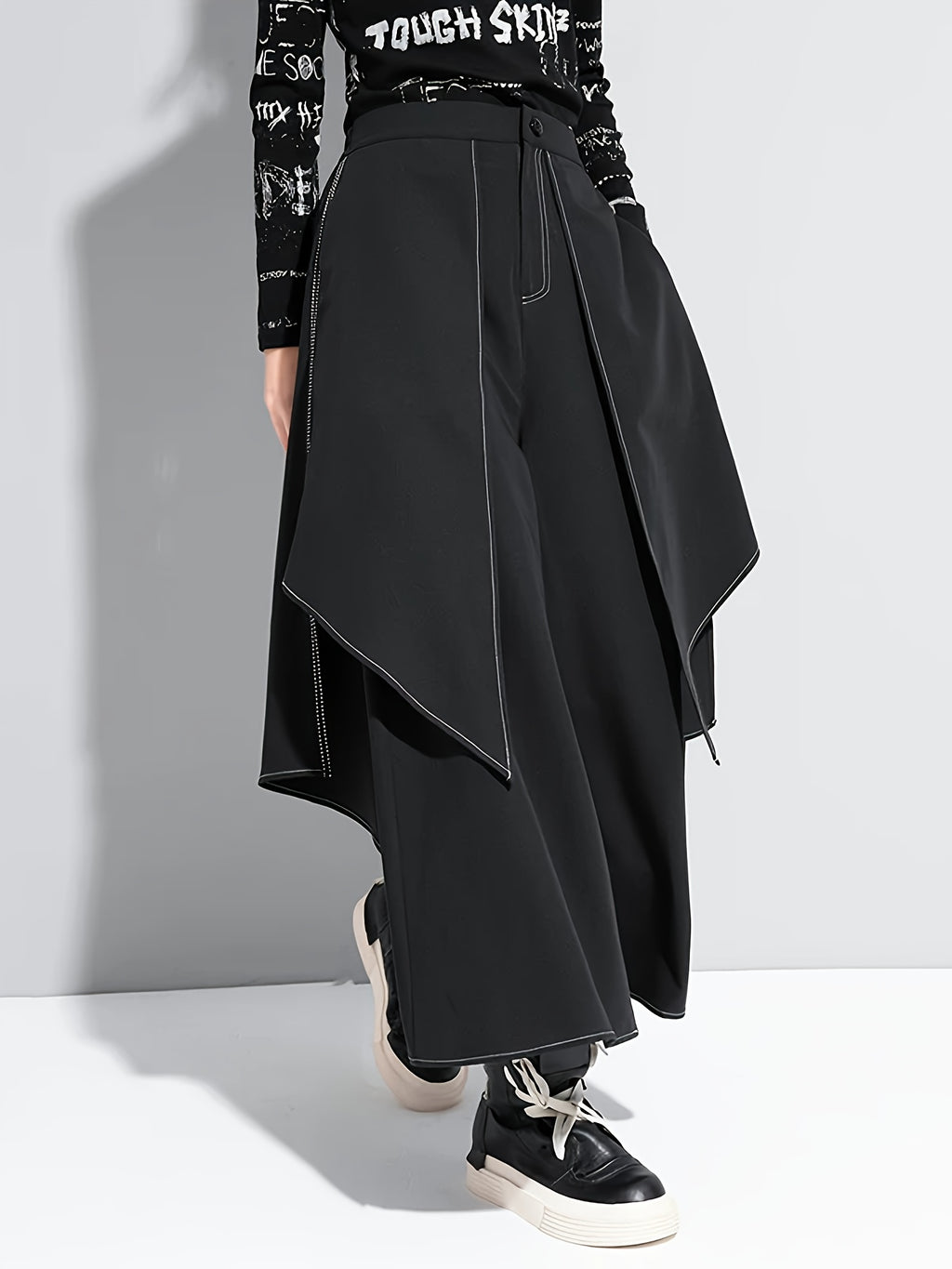 Black Asymmetric Overlay Wide-Leg Pants