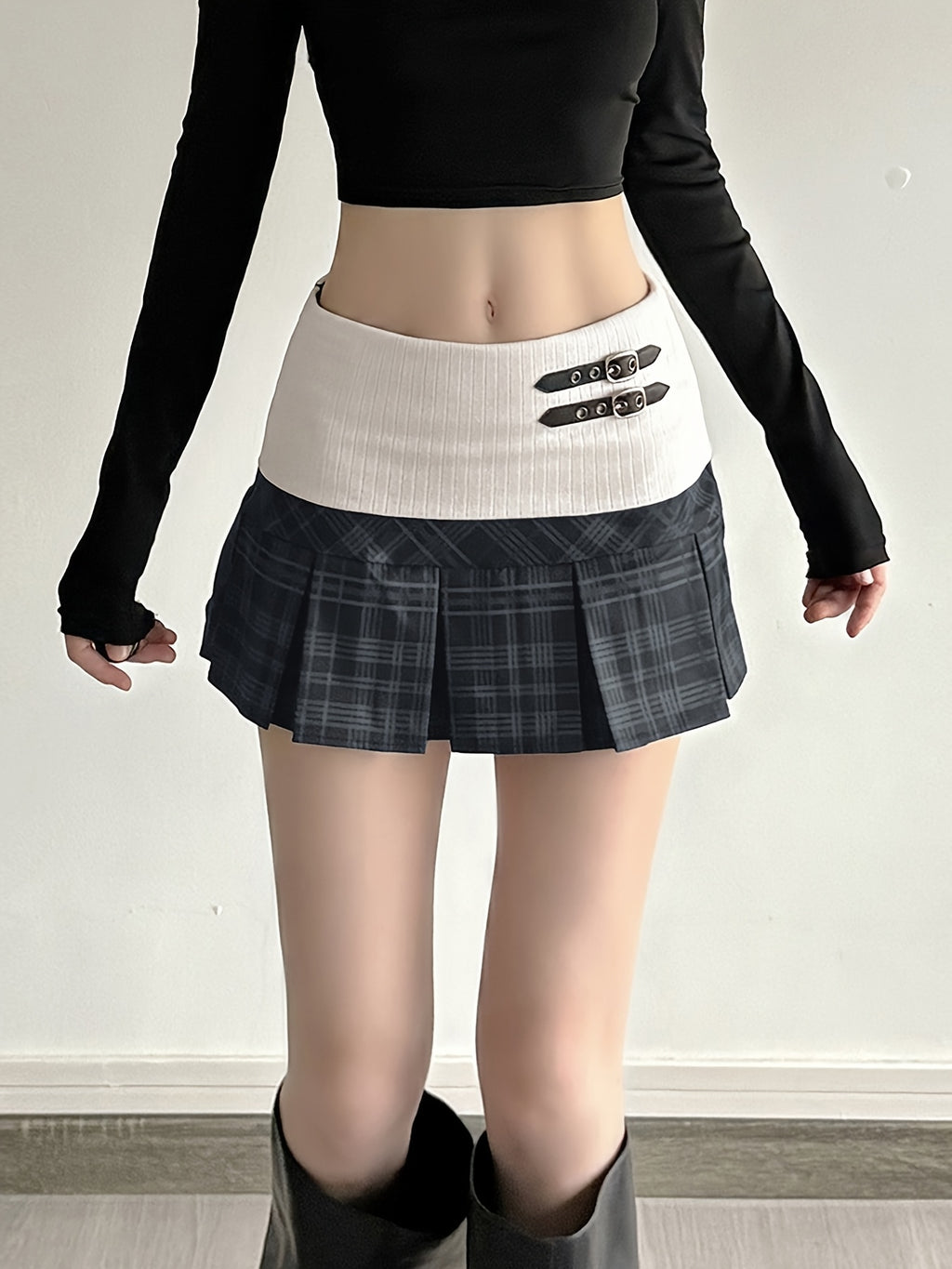 Two-Tone Plaid Pleated Mini Skirt with Buckle Details