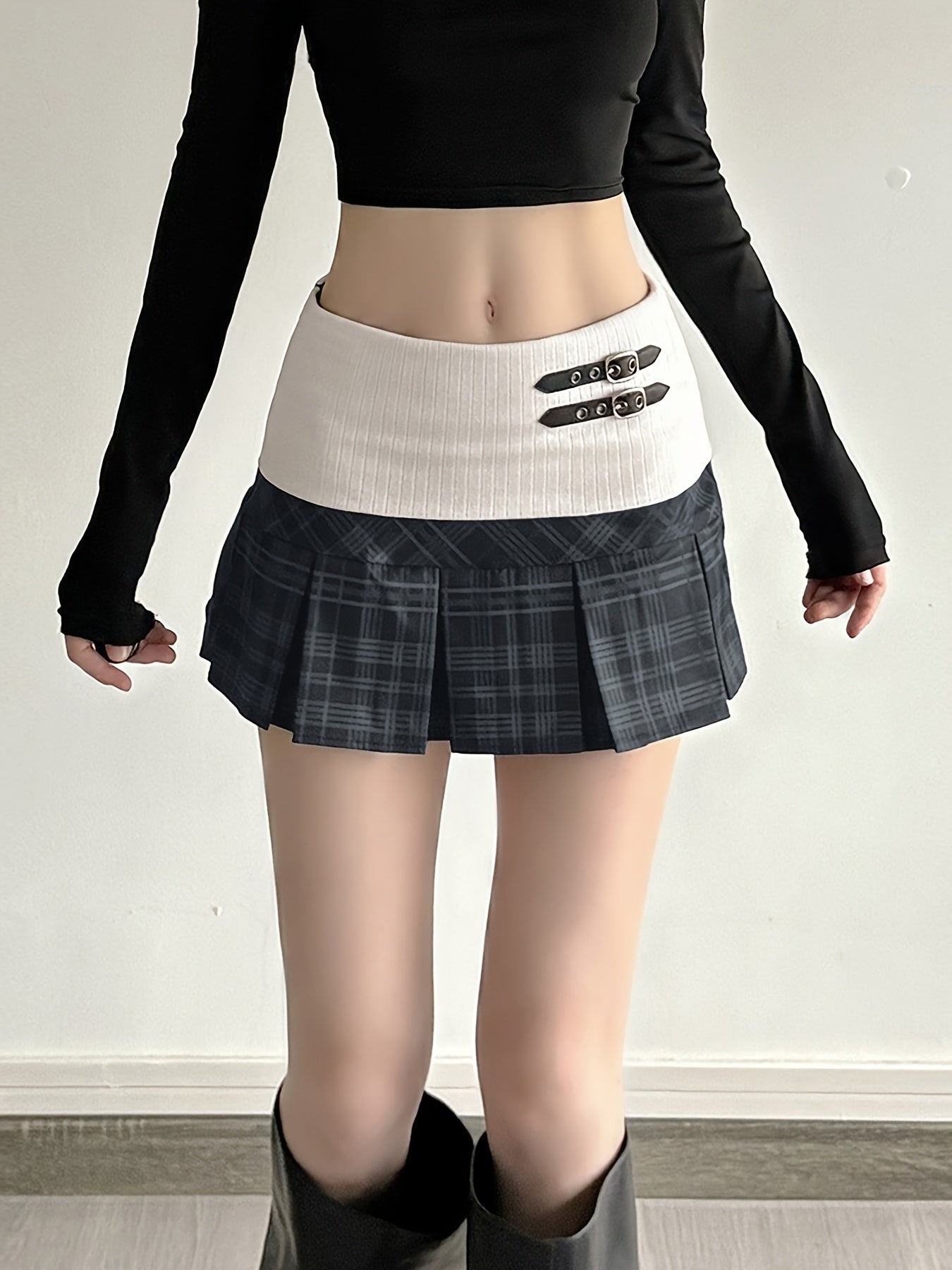 Two-Tone Plaid Pleated Mini Skirt with Buckle Details
