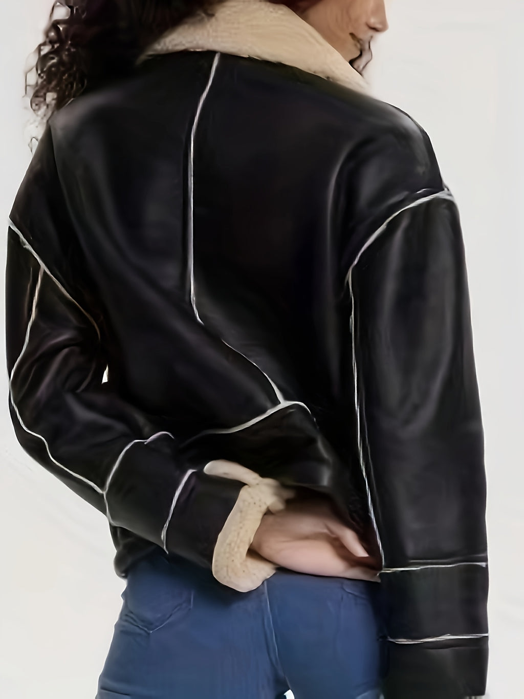 Black Faux Leather Shearling Cropped Moto Jacket