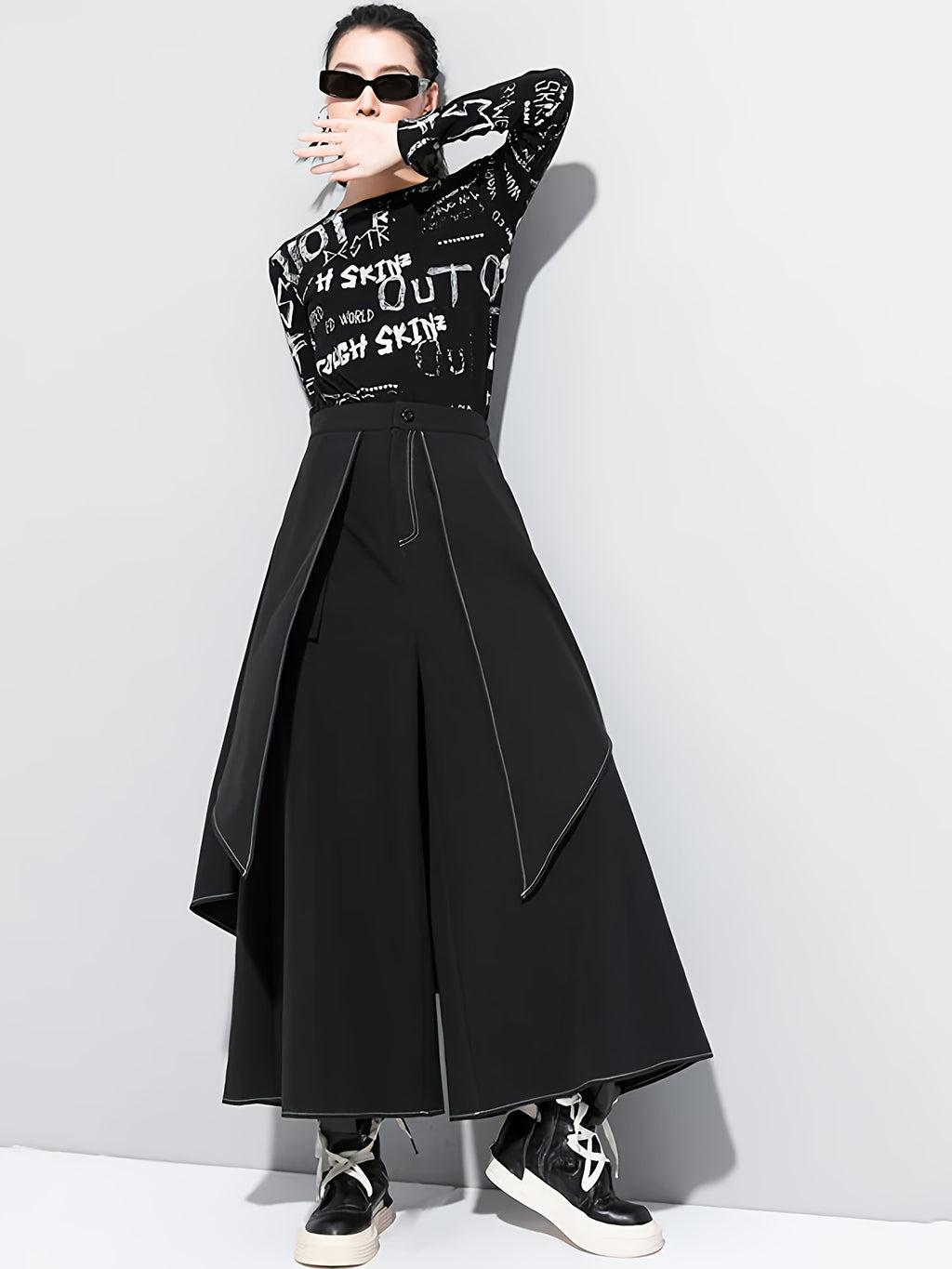 Black Asymmetric Overlay Wide-Leg Pants