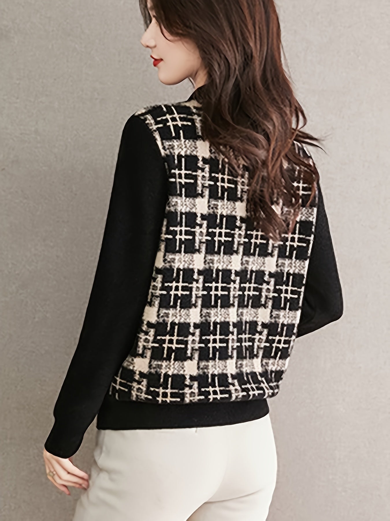 Black & Beige Plaid Faux Two-Piece Knit Top