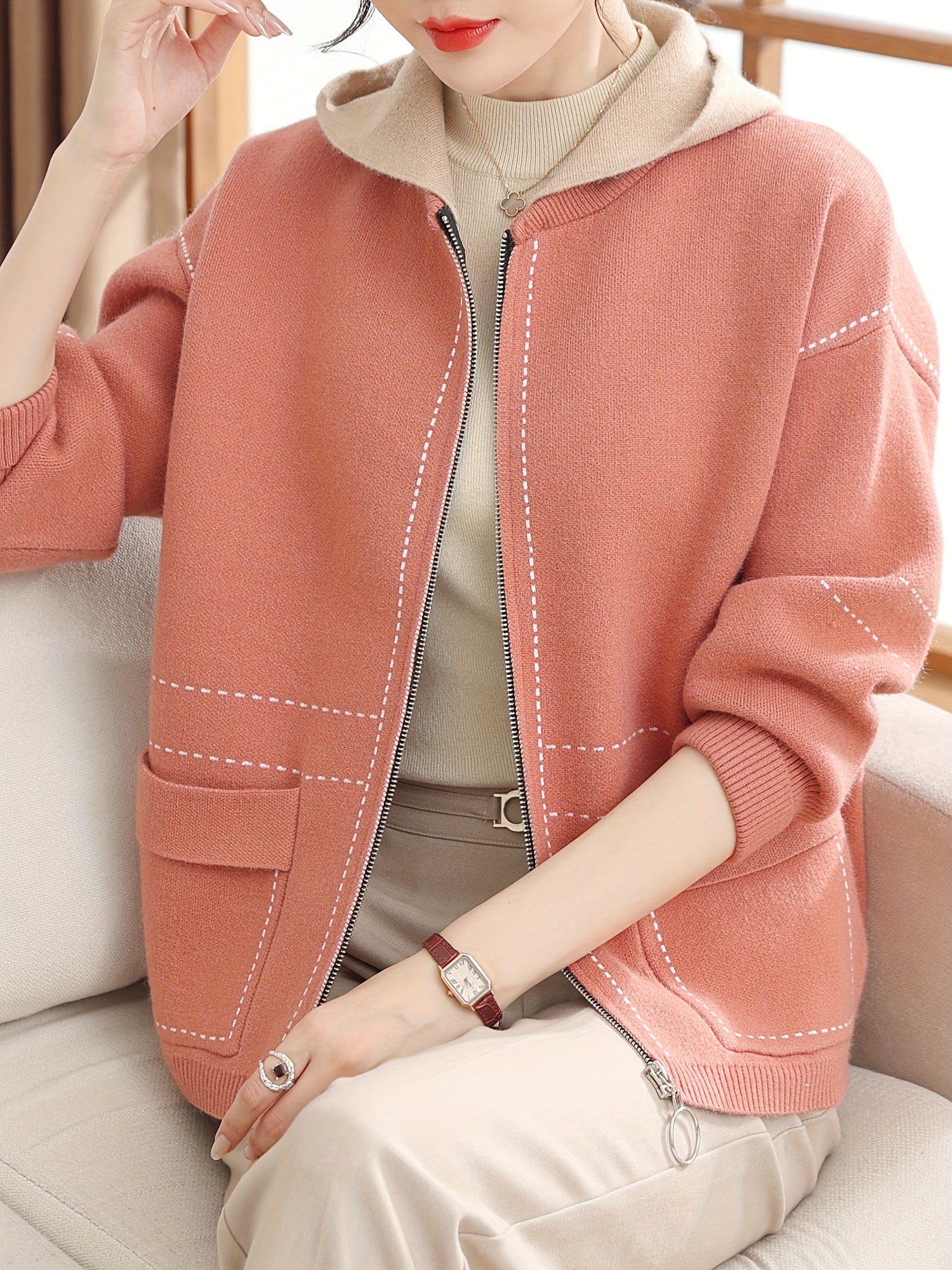 Pink Contrast Hooded Zip-Up Knit Cardigan