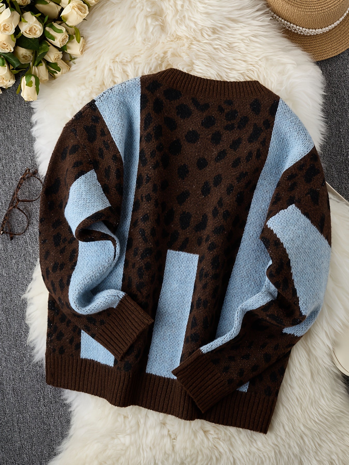 Brown & Light Blue Leopard Print Oversized Cardigan