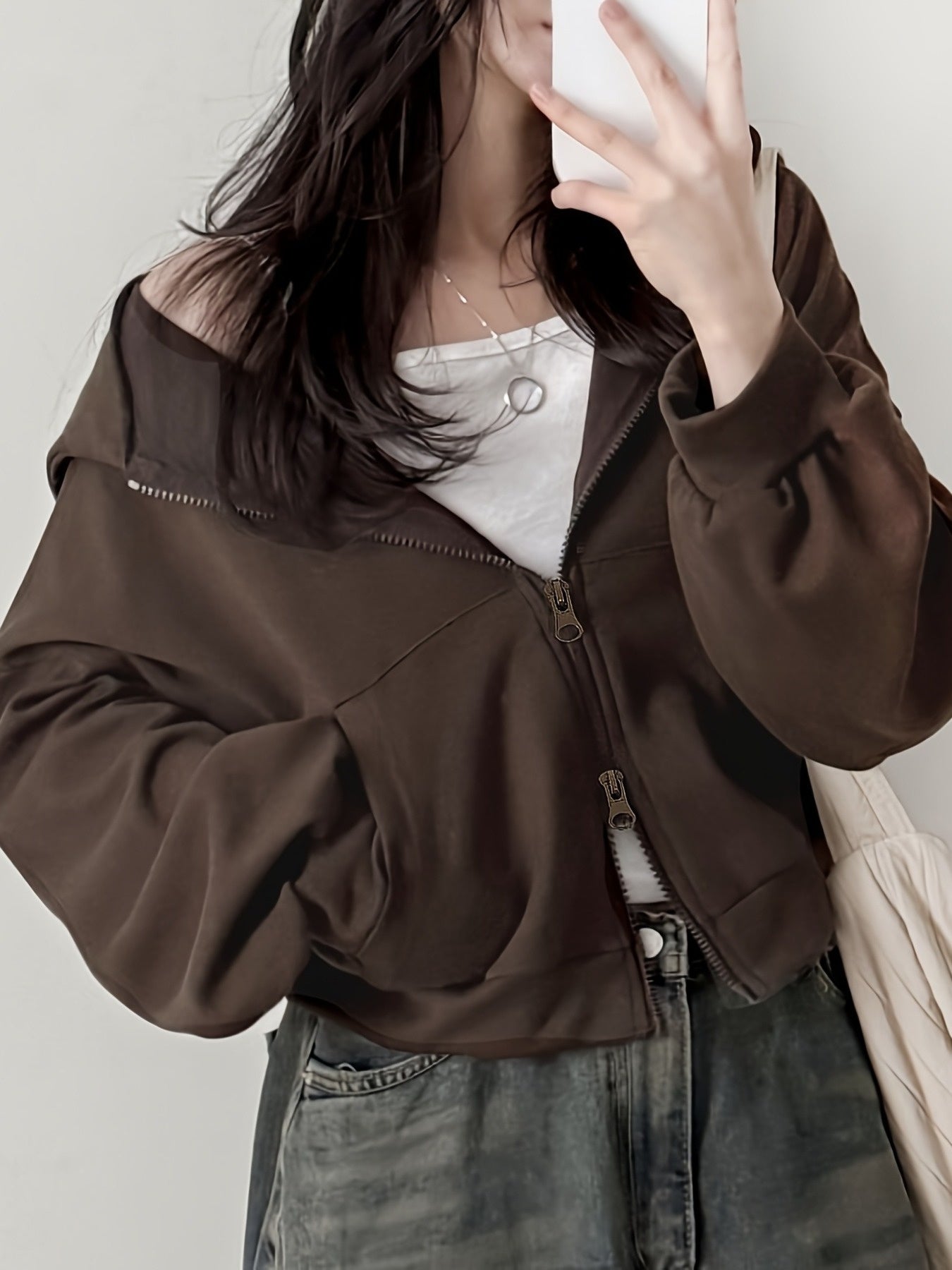 Brown Cropped Double-Zip Hoodie