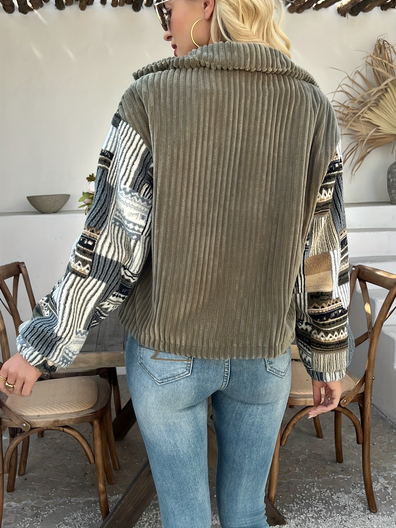 Olive Corduroy Patchwork Jacket with Aztec Sleeves