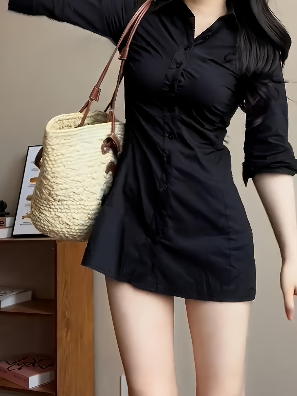 Black Ruched Shirt Dress