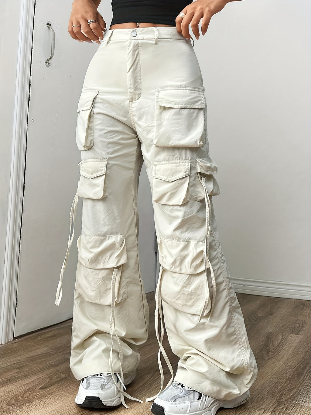 Cream Multi-Pocket Wide-Leg Cargo Pants