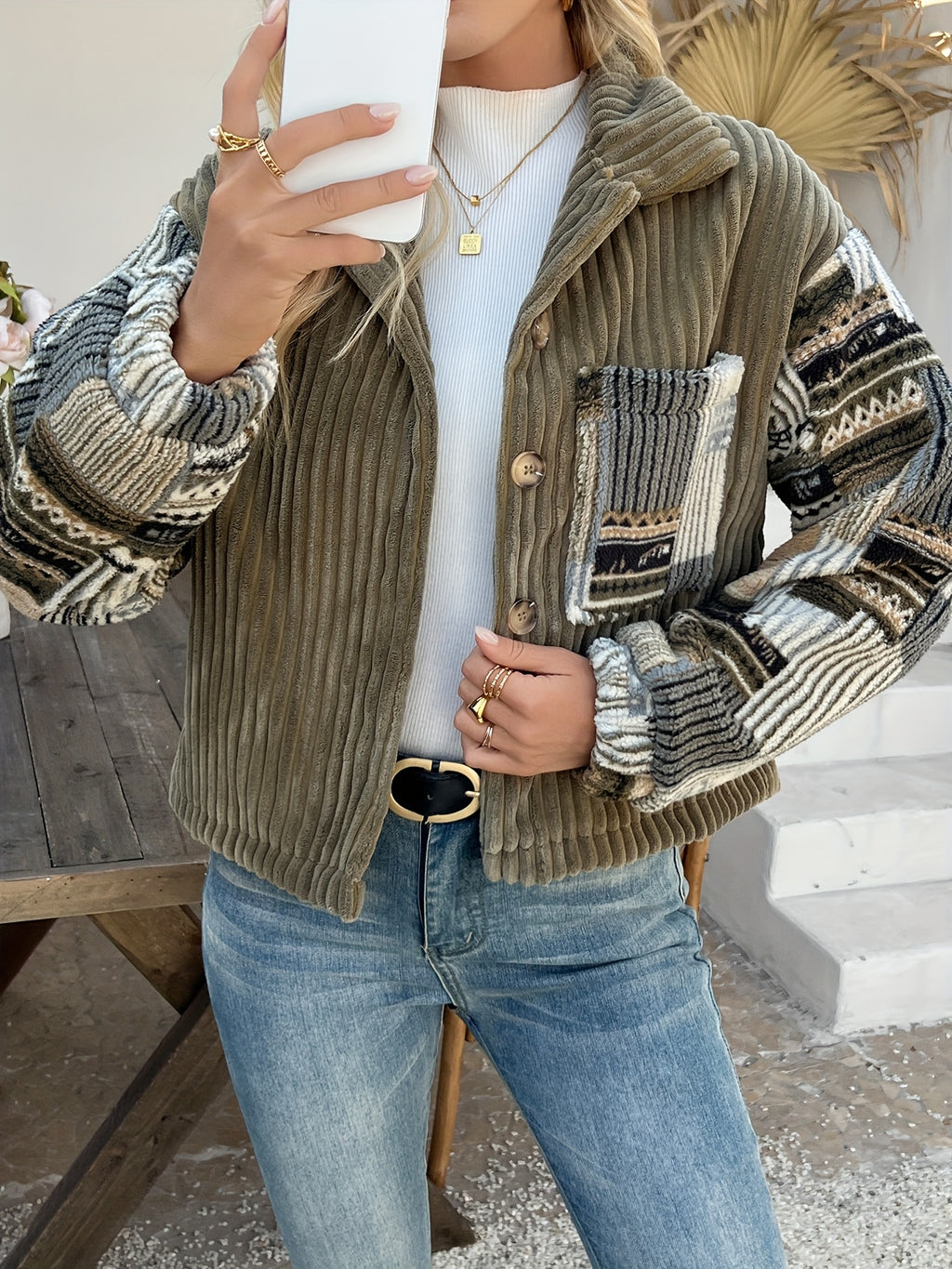 Olive Corduroy Patchwork Jacket with Aztec Sleeves