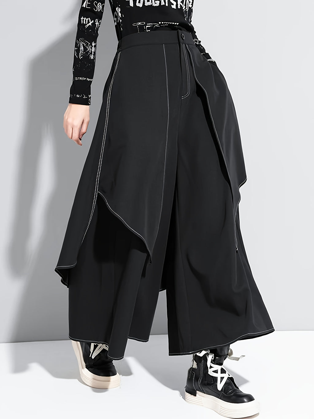 Black Asymmetric Overlay Wide-Leg Pants