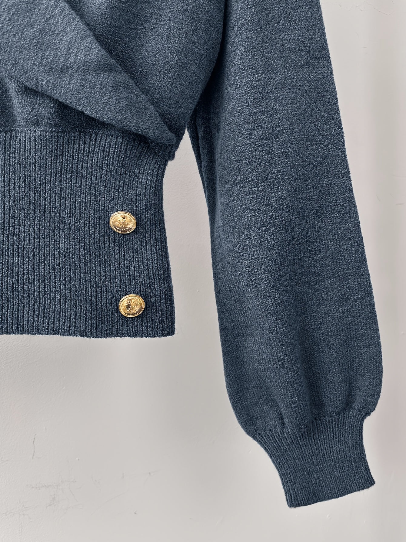 Dusty Blue Wrap-Front Balloon Sleeve Knit Top