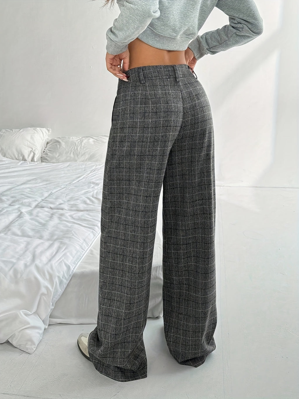 Grey Plaid High-Waisted Wide-Leg Pants