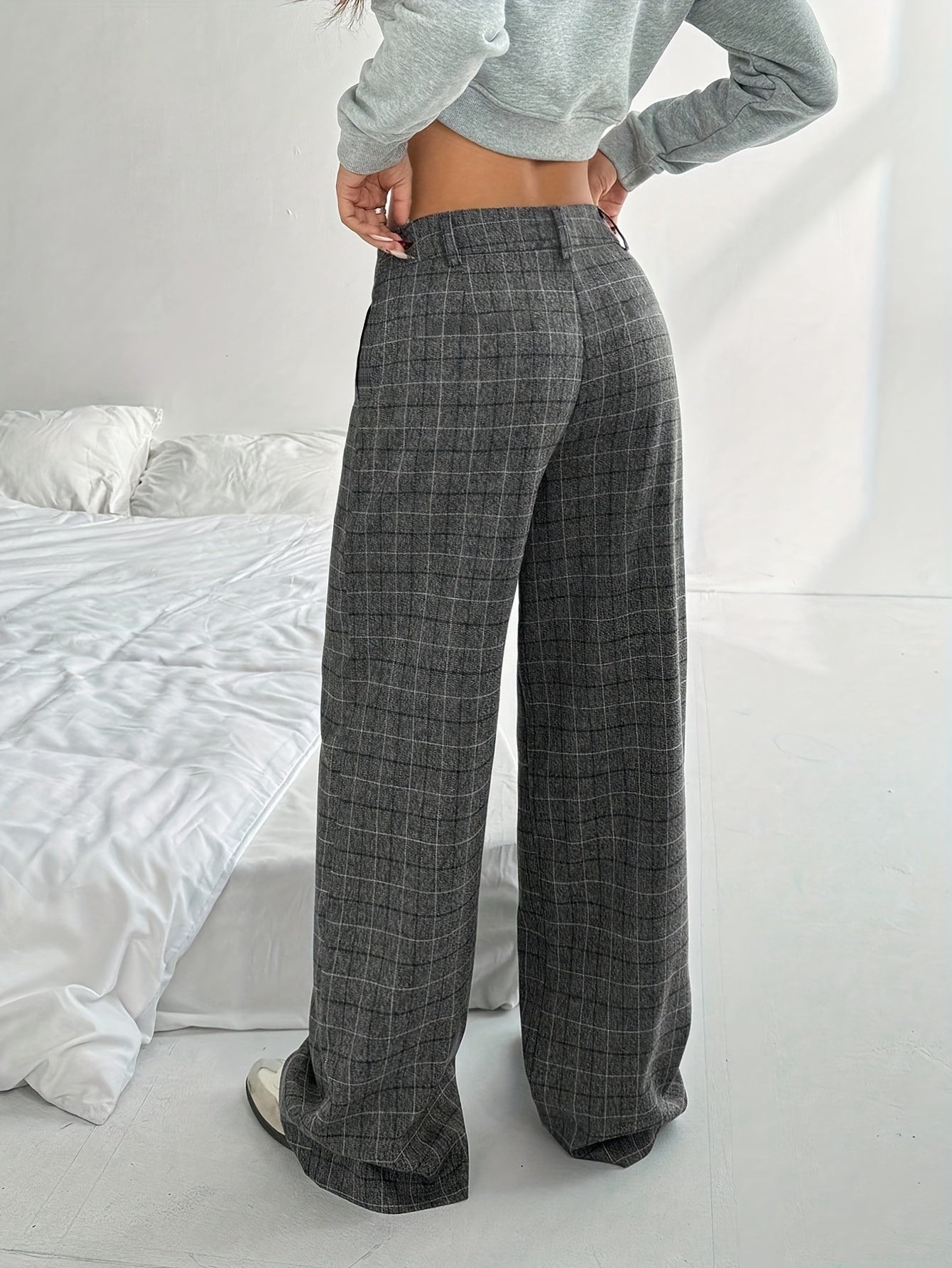 Grey Plaid High-Waisted Wide-Leg Pants