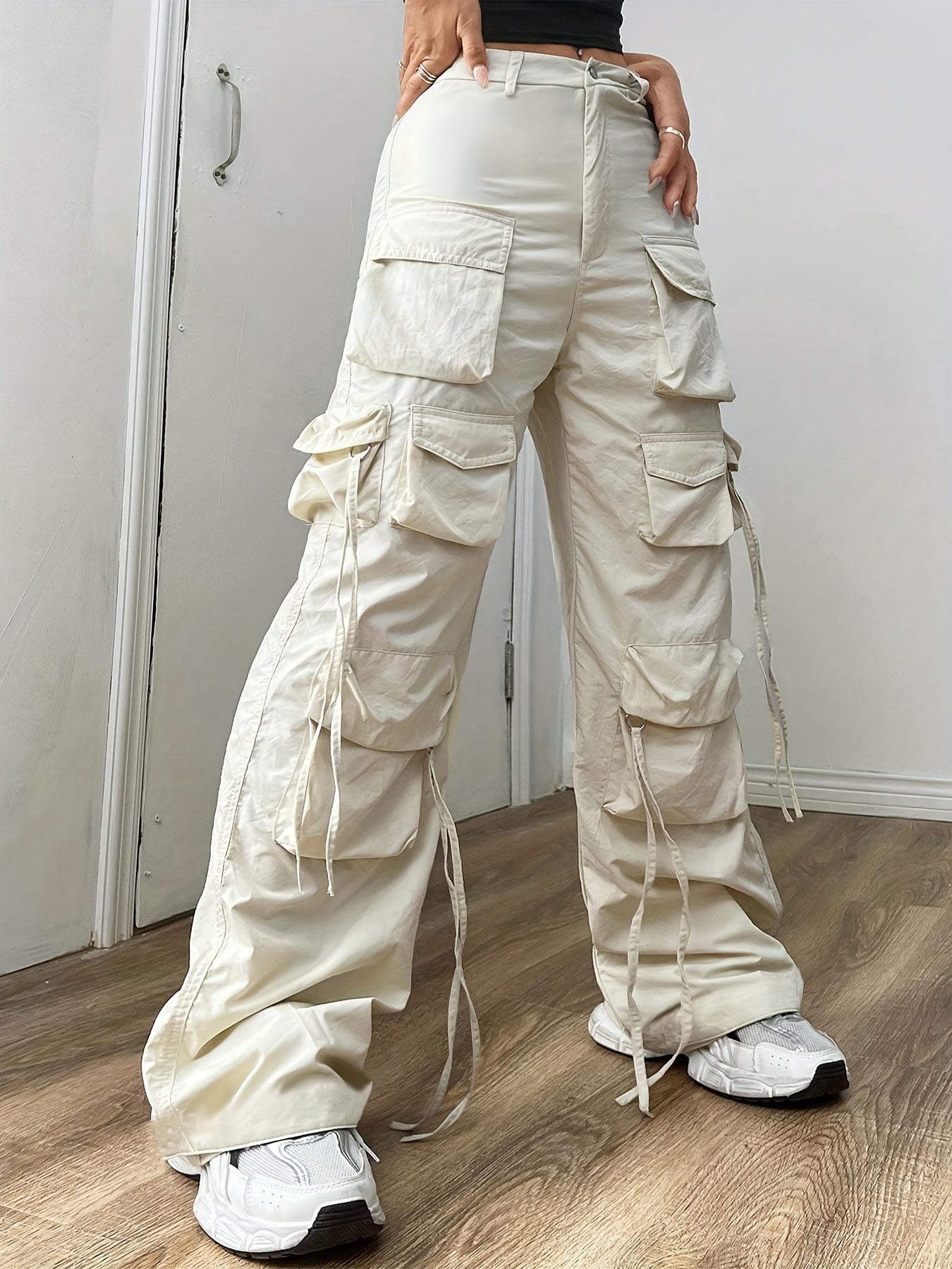 Cream Multi-Pocket Wide-Leg Cargo Pants