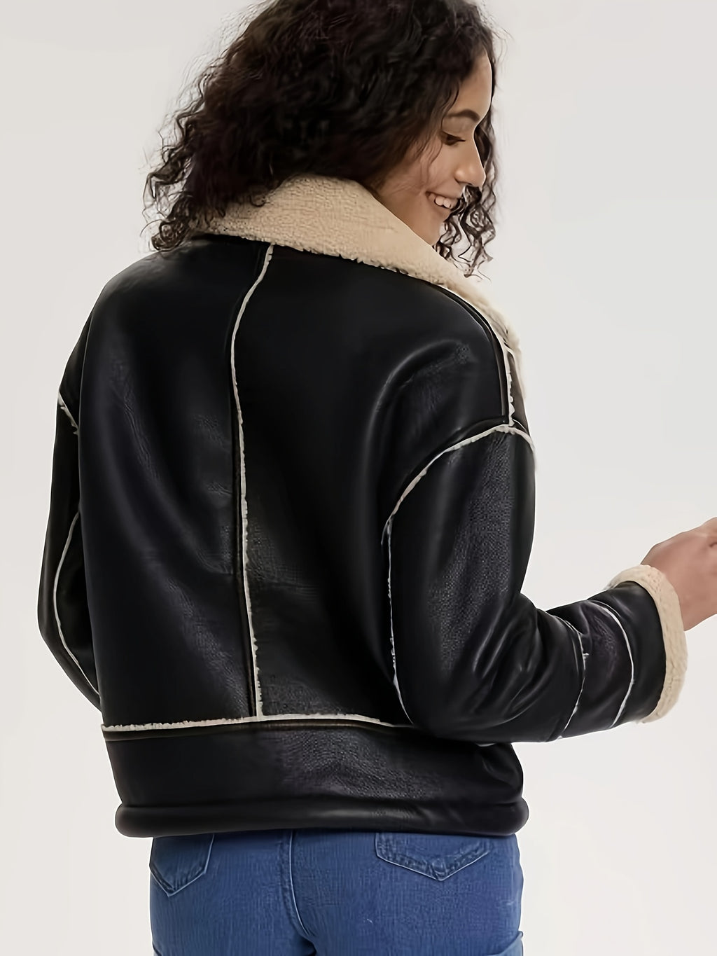 Black Faux Leather Shearling Cropped Moto Jacket