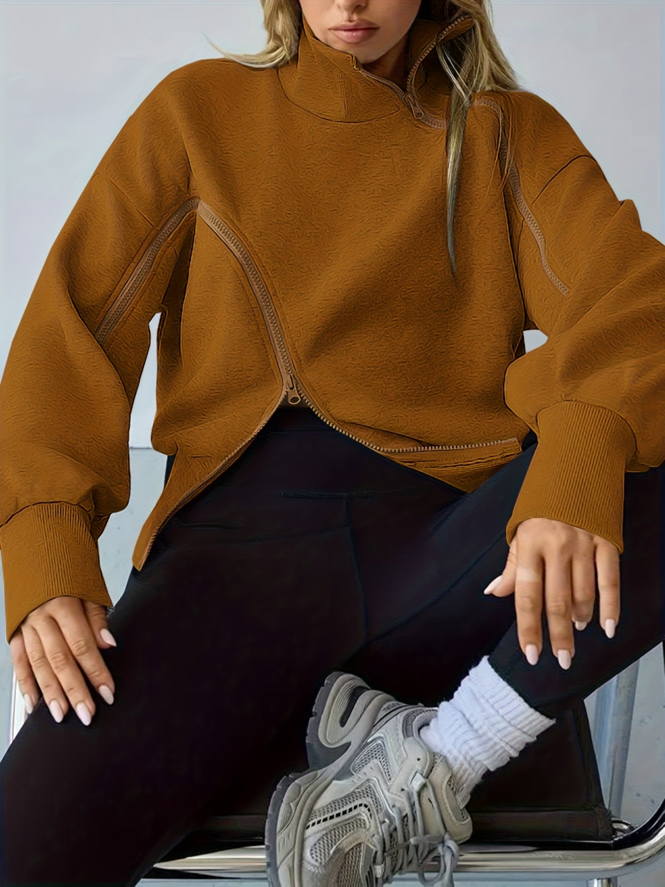 Caramel Asymmetric Zip-Up Fleece Sweatshirt
