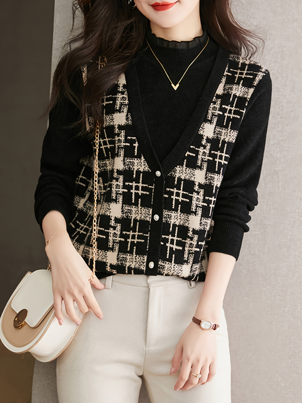 Black & Beige Plaid Faux Two-Piece Knit Top