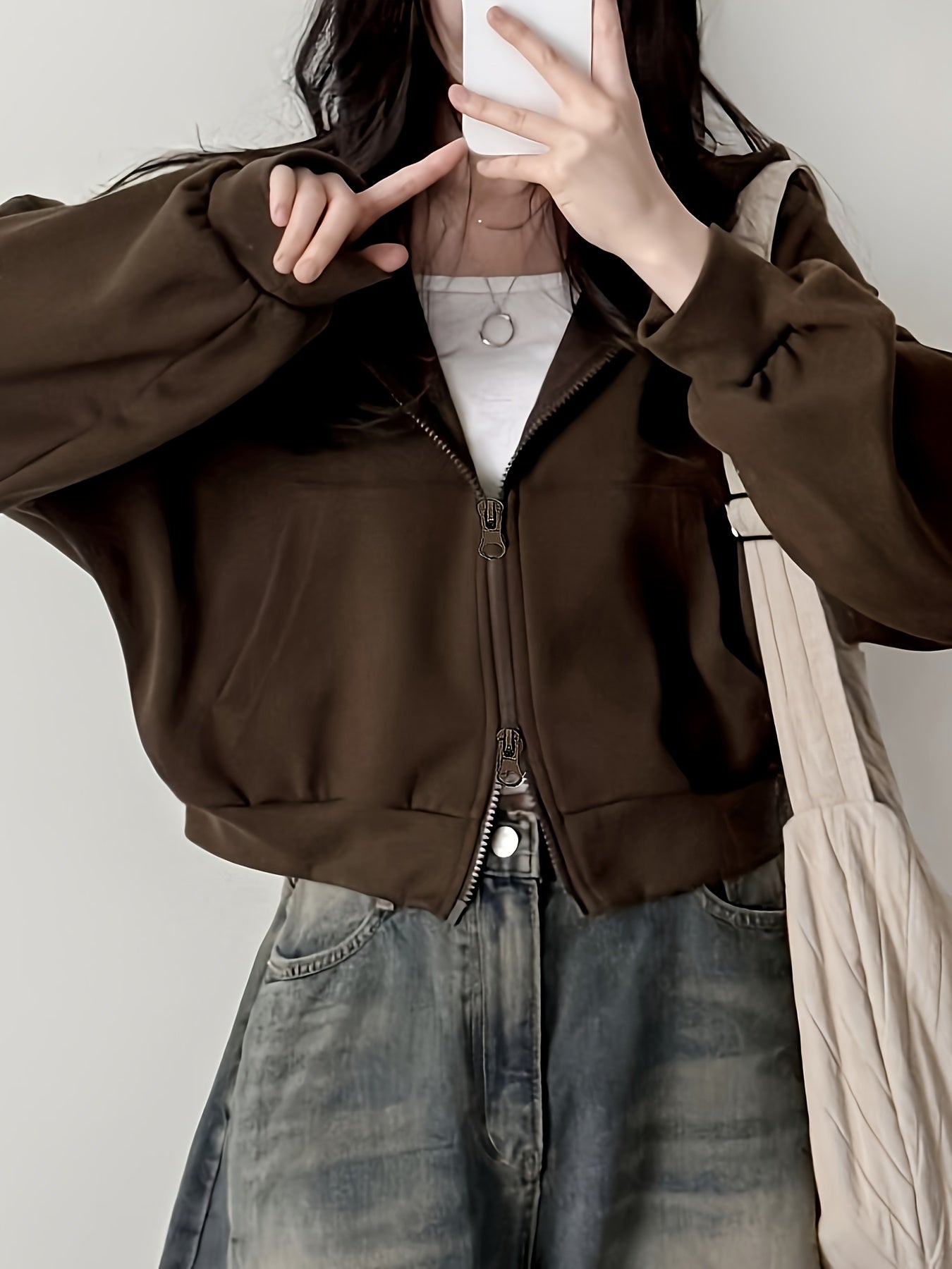 Brown Cropped Double-Zip Hoodie