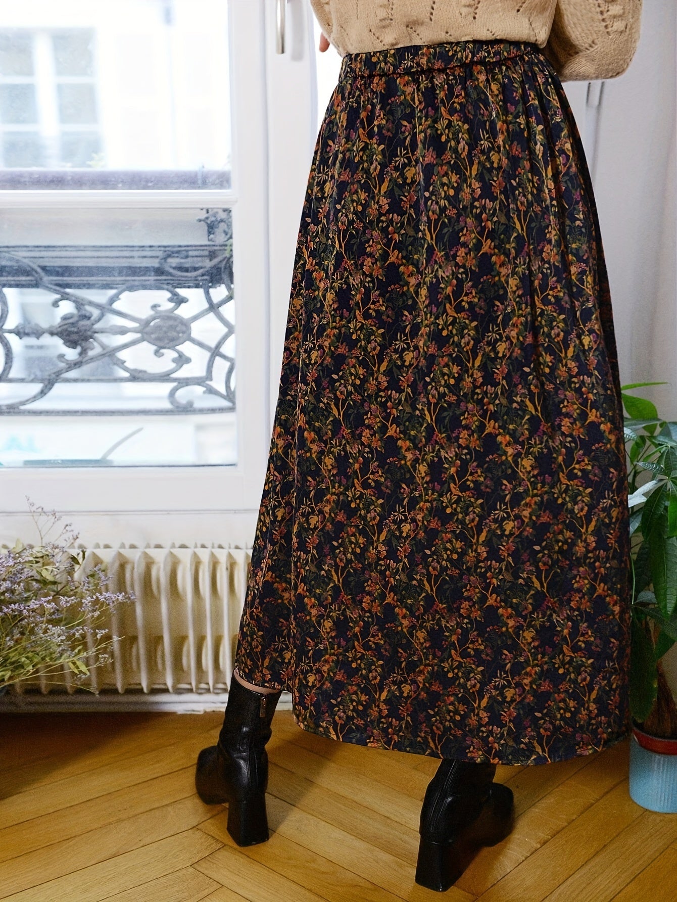 Vintage Floral Split Midi Skirt